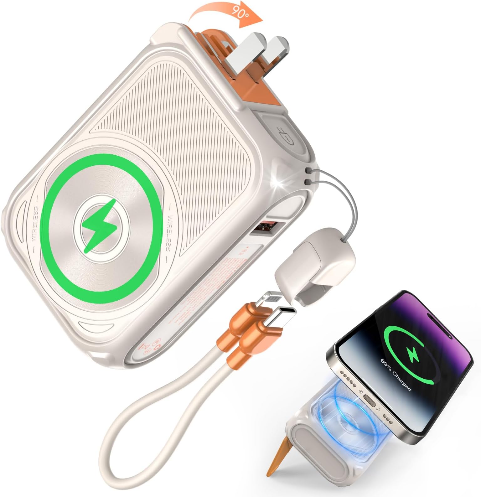 P05 Portable Charger, Magnetic Power Bank, Small Wireless PowerBank 10000mAh, Mini Battery Pack 22.5W Fast Charging with Foldable Wall Plug, Cable USB A and USB C for iPhone/Android/Samsung