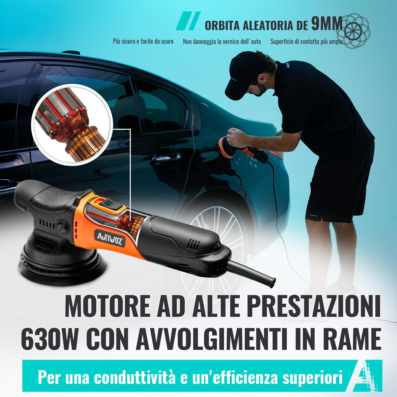 AUTIWOZ 630W Lucidatrice Auto Orbitale 9mm,125mm Kit di Lucidatura,Levigatura Eccentrica Piccole Dimensioni,6 Velocità Variabili (2000-6200 giri/min),Cura dell'auto,Rimozione dei graffi - W01