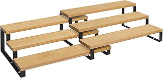 SONGMICS Gewürzregale, Küchenregale, stehend, Küchen-Organizer, 2er Set, Bambus, mit je 3 Ablagen, ausziehbar, stapelbar, für Speisekammer, Arbeitsplatte, Küchenschrank, naturfarben-schwarz KCS016N01