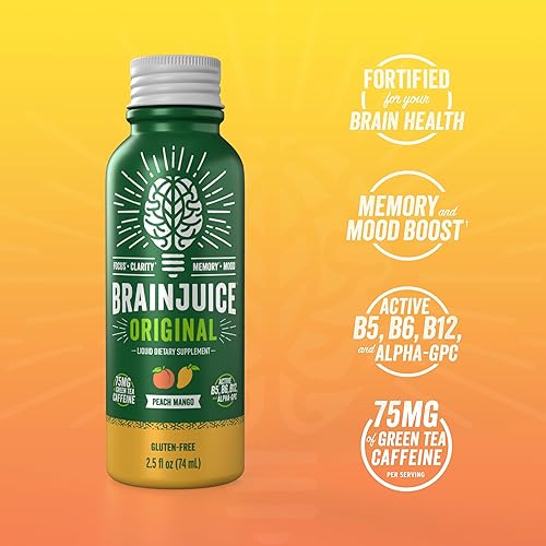 Miniatura 2 de BrainJuice Disparo de apoyo cerebral, suplemento sin gluten para energía y concentración, bebidas saludables con Alpha GPC, vitamina B y extracto de