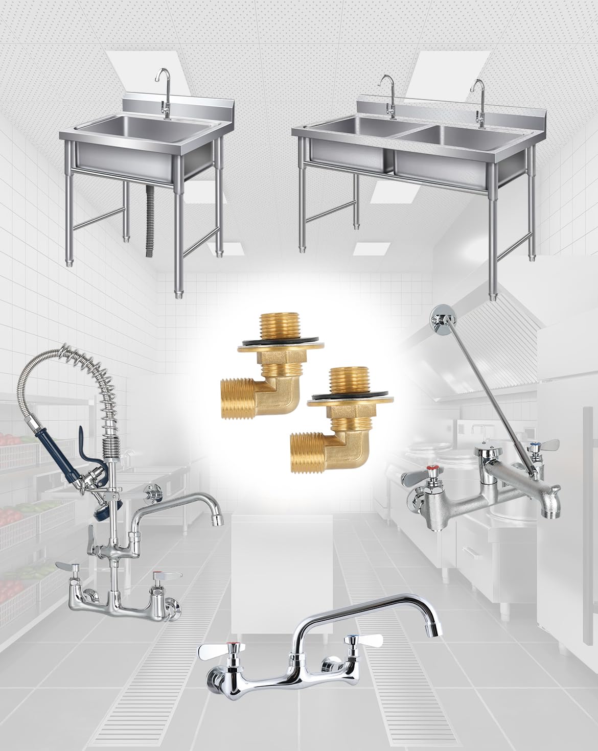 Kit de instalación de grifo comercial, montaje en pared, grifo de cocina comercial, adaptador de grifo de 90 grados para preparación de cocina comercial de acero inoxidable y fregadero de