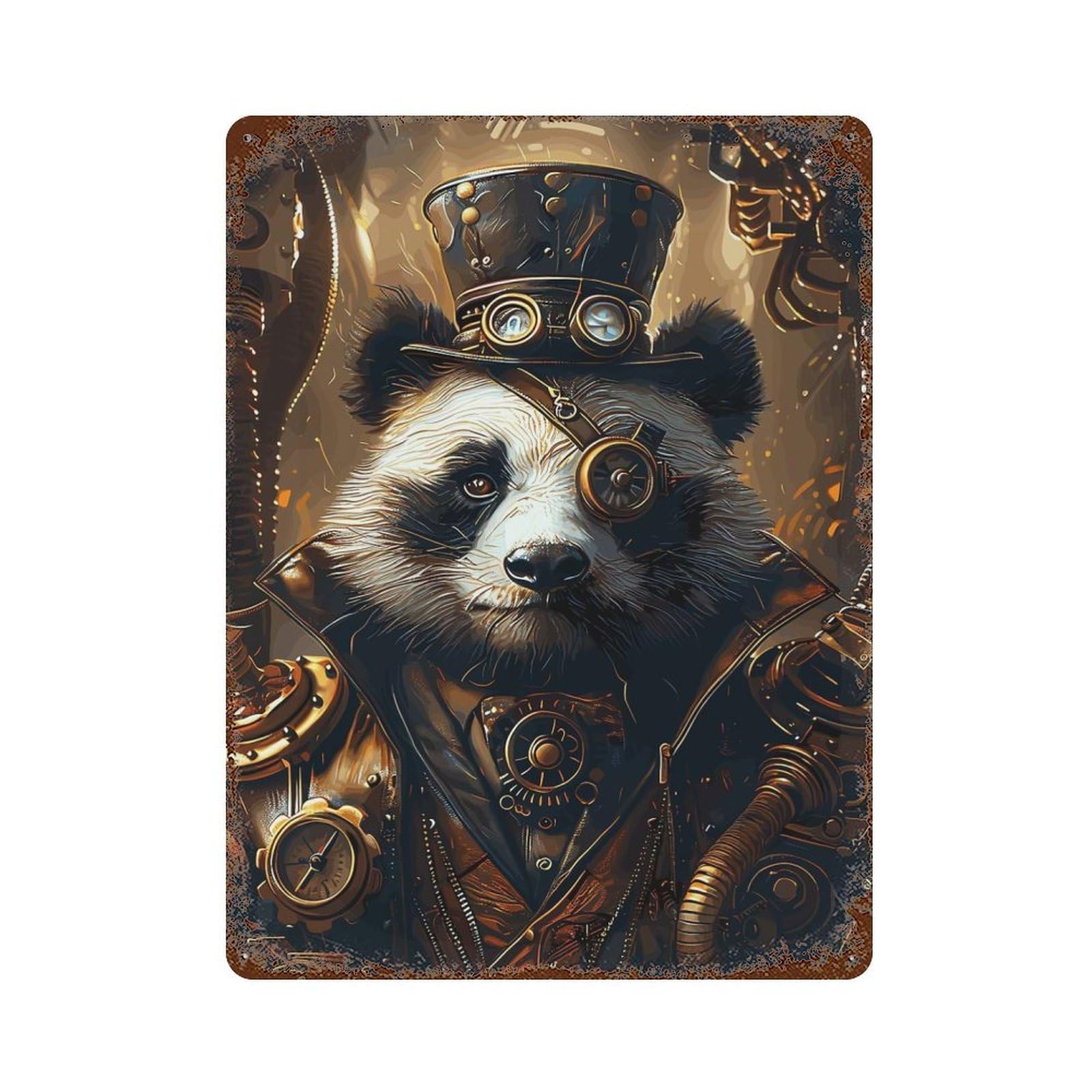 Garage Style Animal Steampunk Panda Rust Effect Tin Sign 15.7"x11.8", Industrial Home Decor for Bar And Workshop