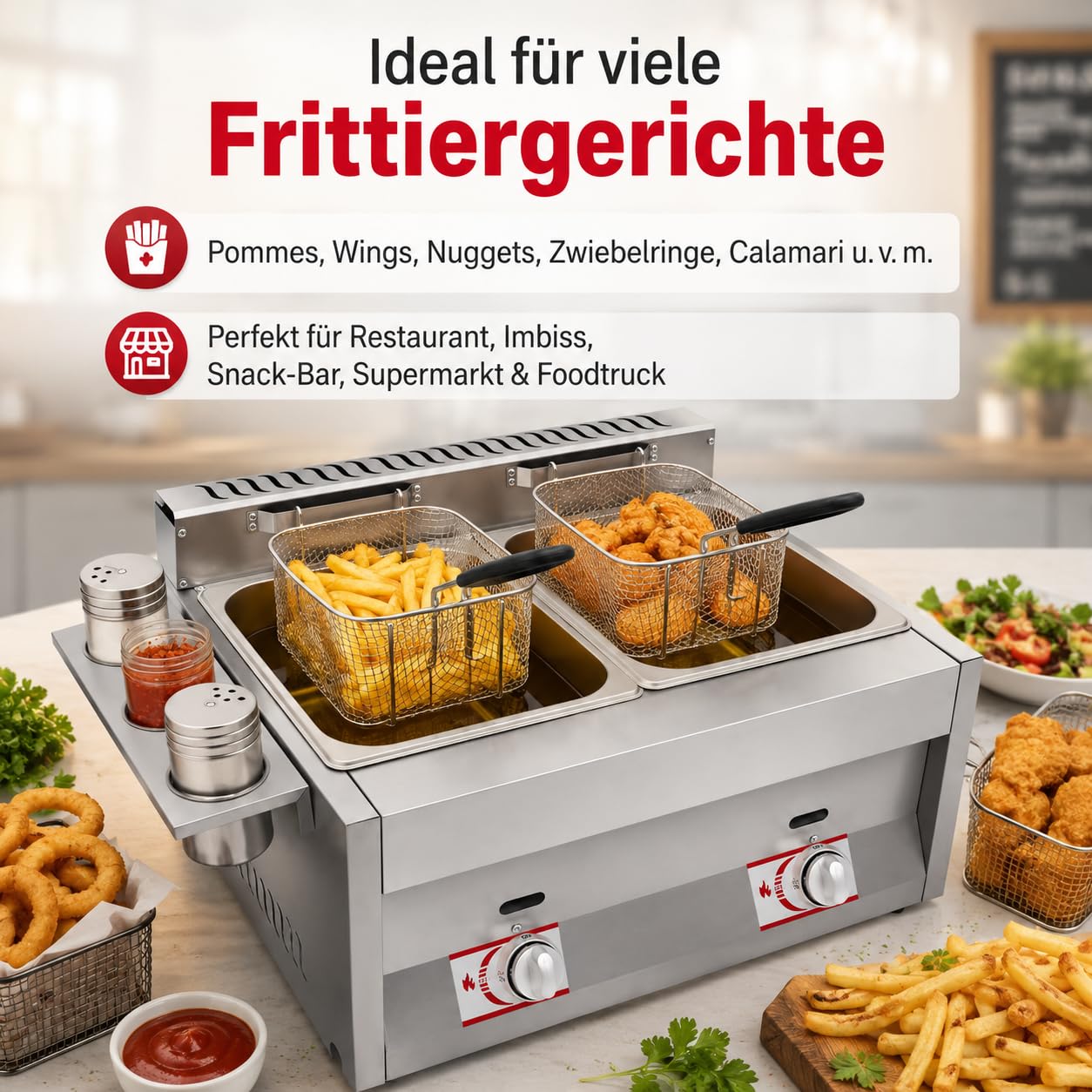 Gas Fritteuse, Doppeltank 2x6L, 50-380°C, Edelstahl, Gastronomie | 430 Edelstahl,genietet,LPG,Deckel,Körbe,Abtropfhaken,Gewürzbecher,Antirutschfüße,Wärmeabzug,Flammfenster,energiesparend