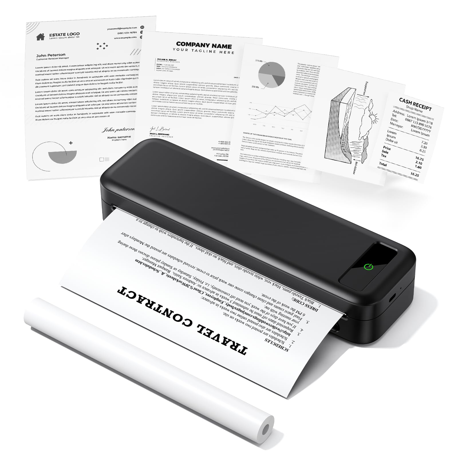 TATTMUSE Stampante Portatile A4 Compatibile con Phone/PC/USB, Bluetooth | Wireless Stampante Termica Stampa Contratti/Ricevute/Documenti, Stampa in Nero e Bianco