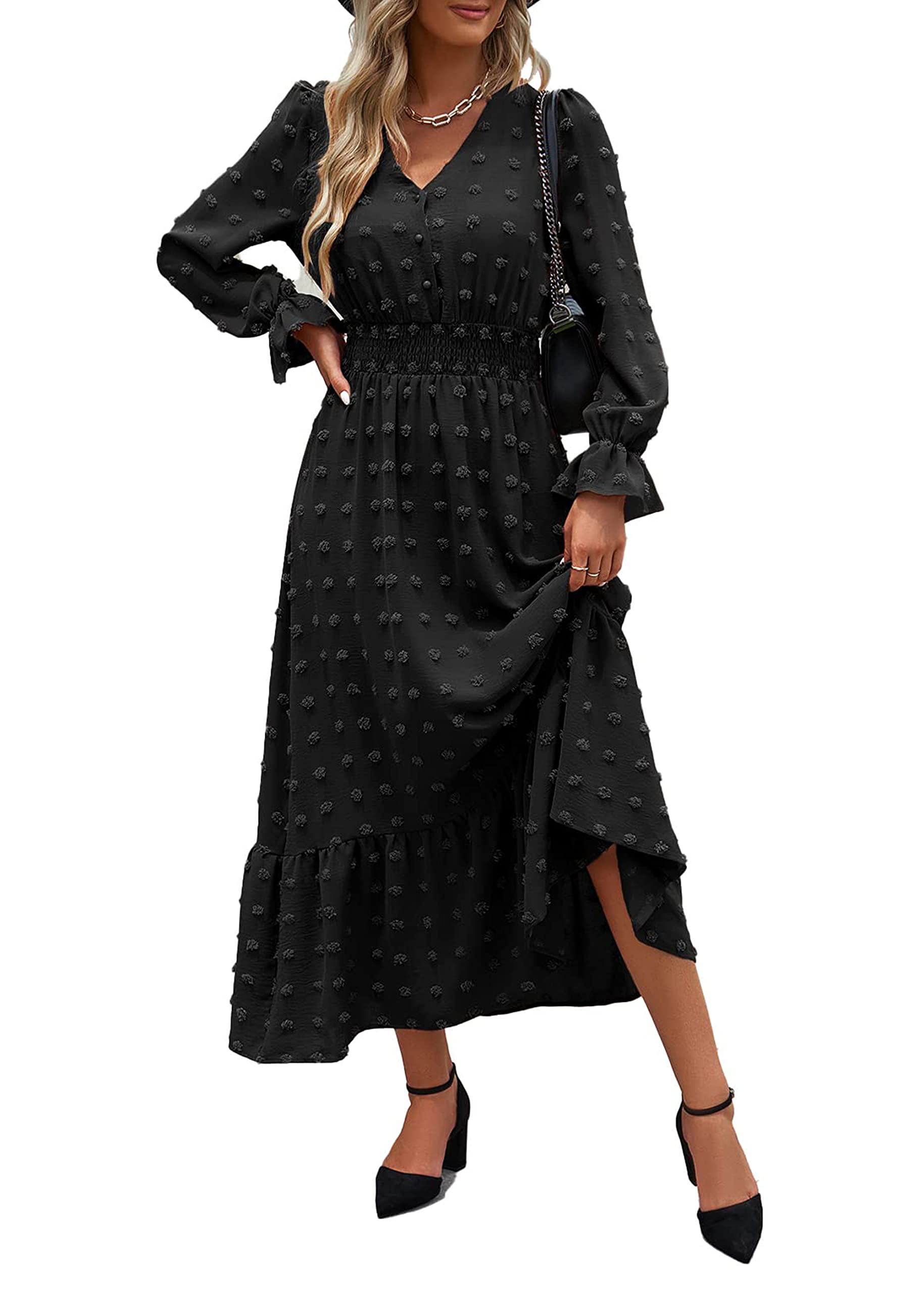 MASCOMODAWomen Boho Maxi Dress 2023 Long Sleeve V Neck Swiss Dot Smocked High Waisted A-Line Ruffle Tiered Fall Long Dress