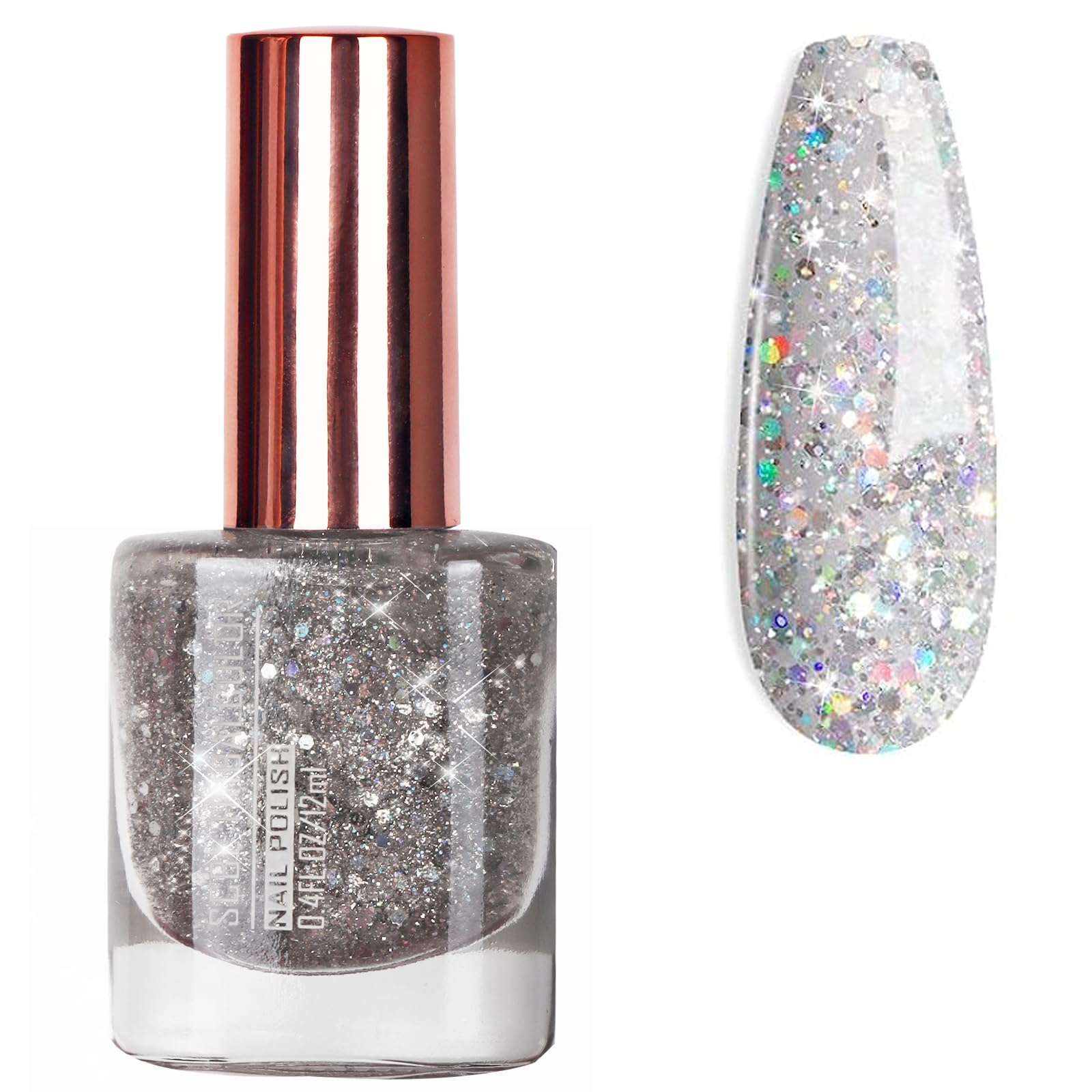 EONFAVE Glitter Nail Polish - Flash Shinny Silver Nail Varnish - Quick Drying & Long Lasting Nail Polish - Healthy Breathable Shiny Silver Glitter Nail Polish for Women, Teens - No UV Needed