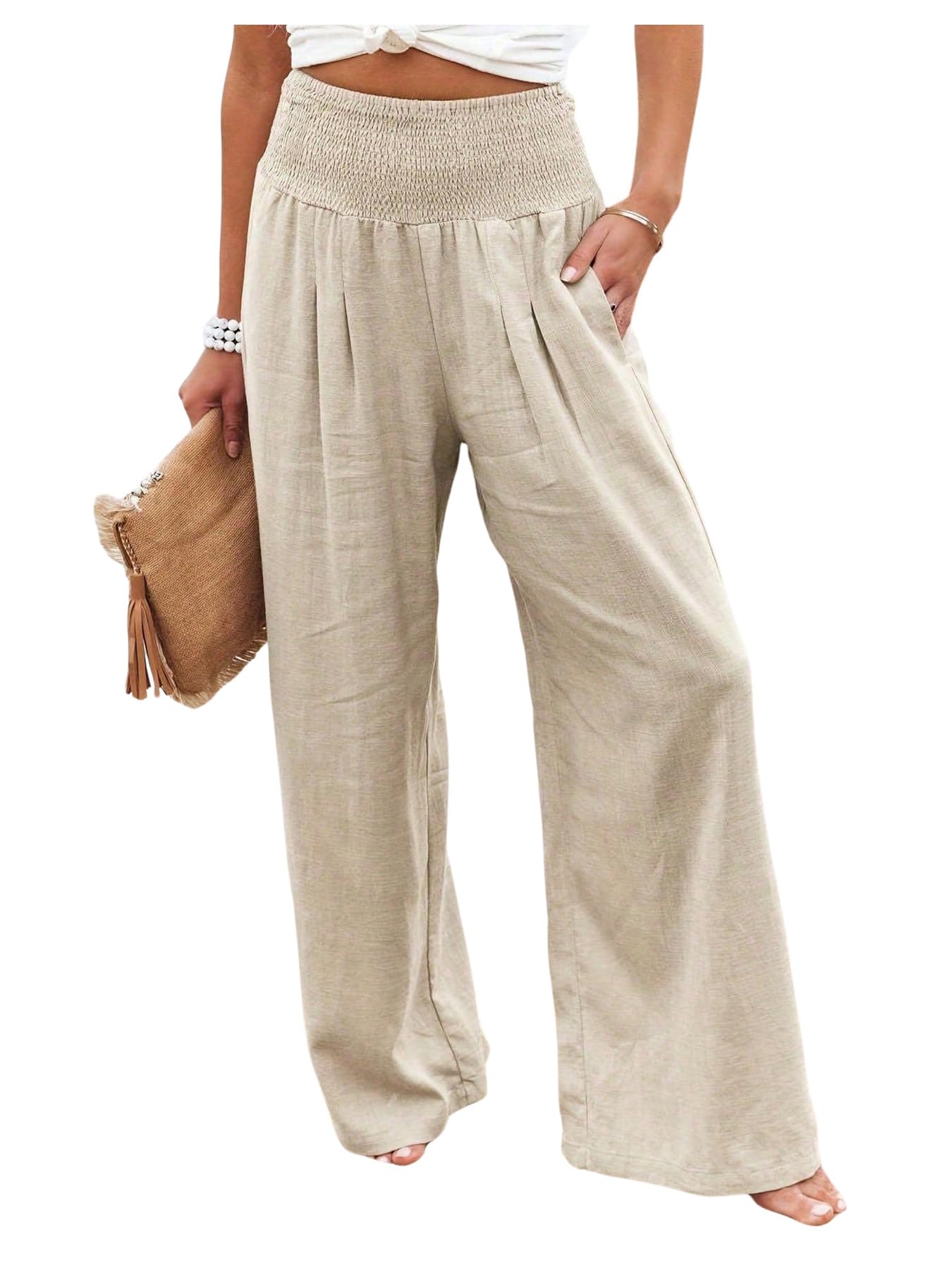 GORGLITTER Womens Plus Size Linen Pants Wide Leg Baggy Pleated Shirred High Waisted Casual Trousers with Pockets