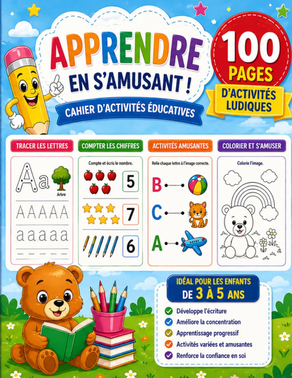 Trace et colorie les chiffres et les lettres: Cahier d’activités éducatives pour enfants de 3 à 5 ans – Tracer, compter et s’amuser