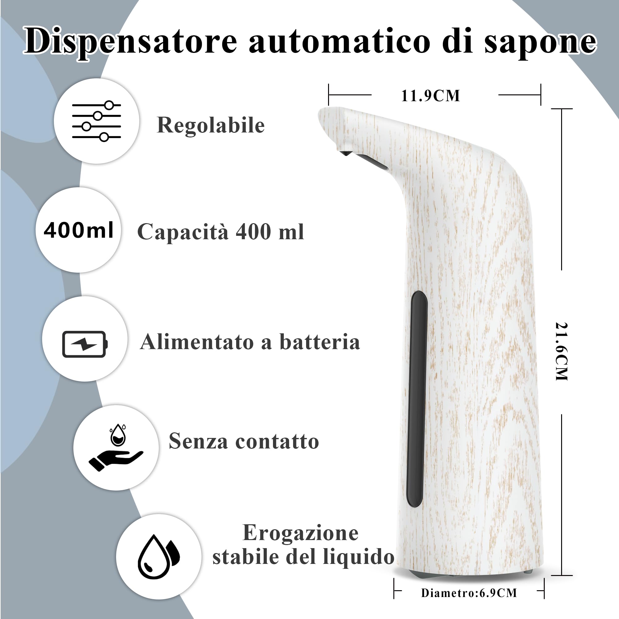 Dispenser automatico di sapone da 400 ml, a batteria, senza contatto, elettrico, con sensore, 4 livelli regolabili, no-touch, per bagno e cucina (Grano di legno bianco)