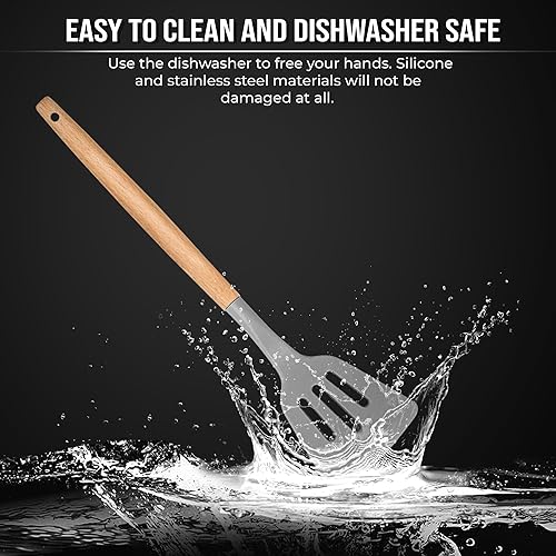 Miniatura 3 de Juego de utensilios de cocina de silicona de 33 piezas con asas de madera y un soporte para utensilios. Incluye espátulas, pinzas, batidores, tazas
