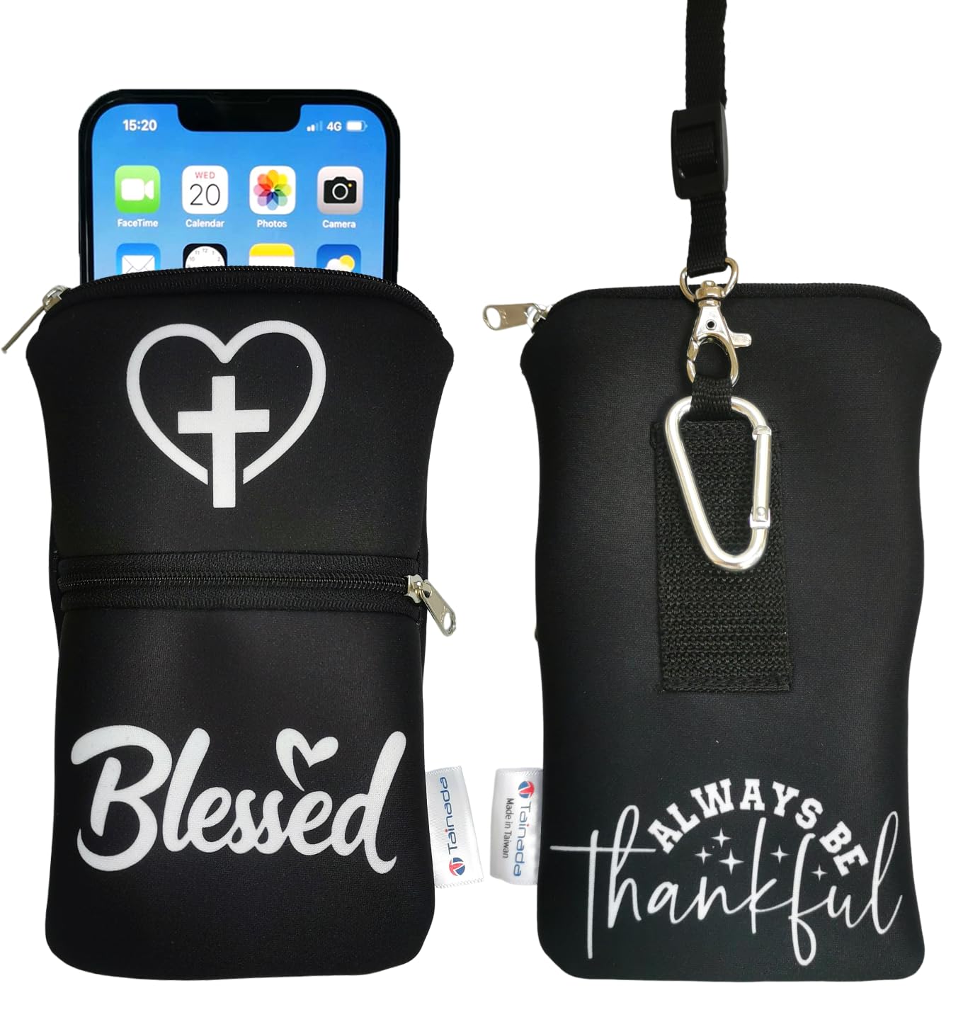 Tainada Dual Zipper Neck Cell Phone Pocket Pouch w/Belt Loop (Blessed) | For Men/Women; Water-resistant neoprene material, shockproof, lightweight, w/carabiner; Compatible with most of smartphones