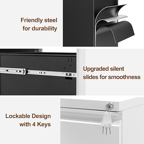 Miniatura 4 de Archivador móvil de metal con cerradura y 4 llaves, totalmente montado, escritorio debajo de la oficina, archivador de 2 cajones para oficina en