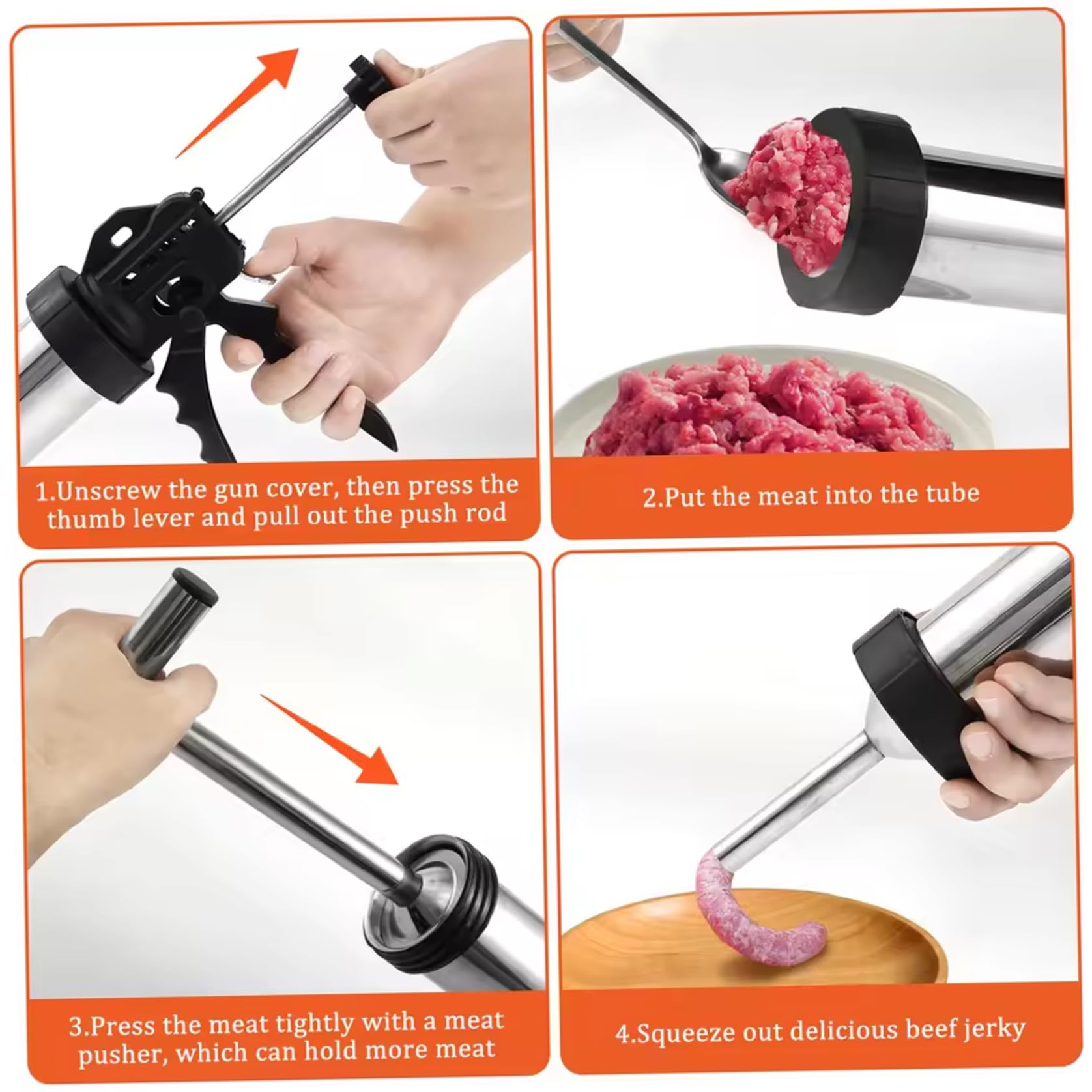 Jerky Gun|Jerky Gun für Hackfleisch, Wurstfüller-Set aus Edelstahl mit Düsen und Reinigungsbürsten für selbstgemachtes Kochen und Essenszubereitung