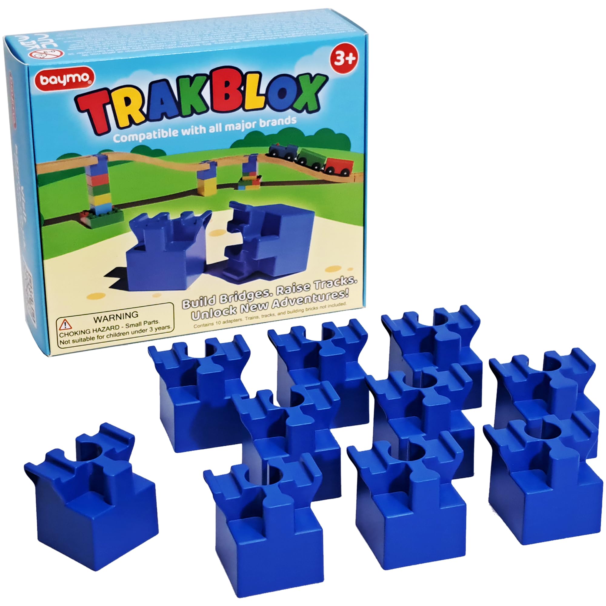 Baymo TrakBlox Adapter Set - Connect Wooden Train Tracks to Compatible Building Bricks - 10-Piece Bridge Builder Kit for Kids Ages 3+
