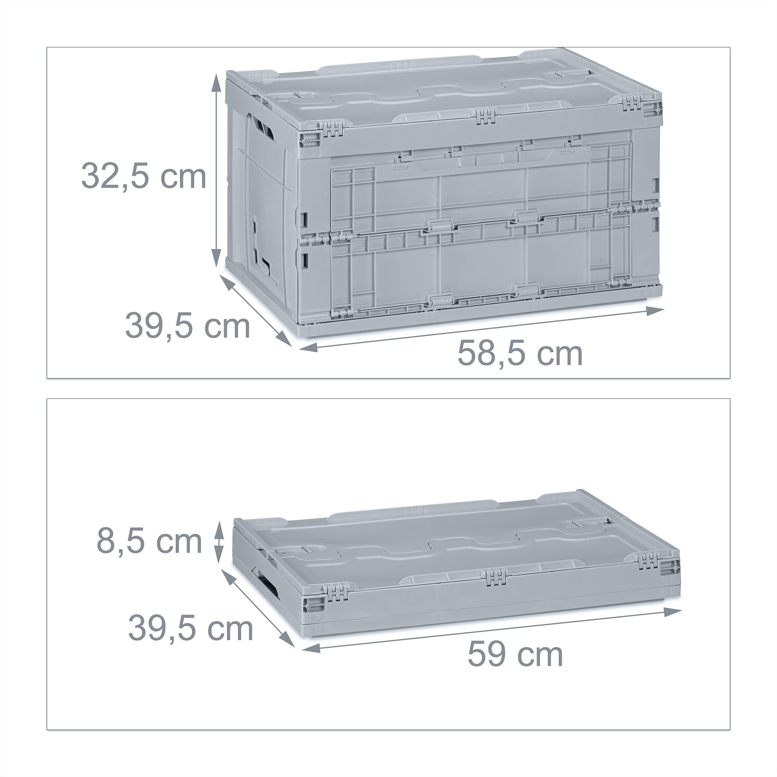 Relaxdays Cassetta Pieghevole, Stabile, da Lavoro, Plastica Resistente, 60L, HLP 32,5x58,5x39,5cm, Grigio