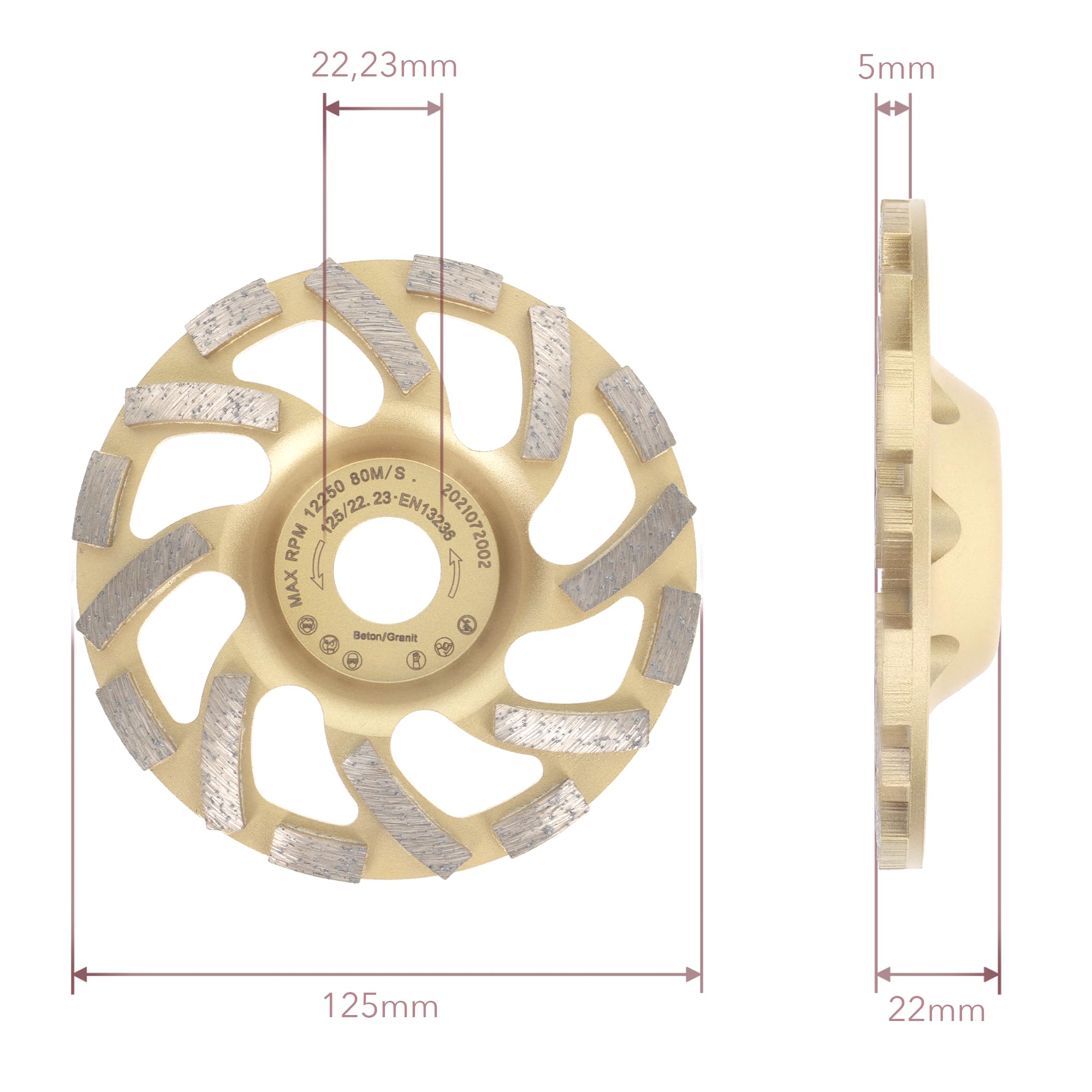PRODIAMANT ST81 Turbo diamentowa tarcza szlifierska Ø 125 mm x 22,23 mm, do betonu i kamienia naturalnego, profesjonalna jakość, do szlifierek kątowych