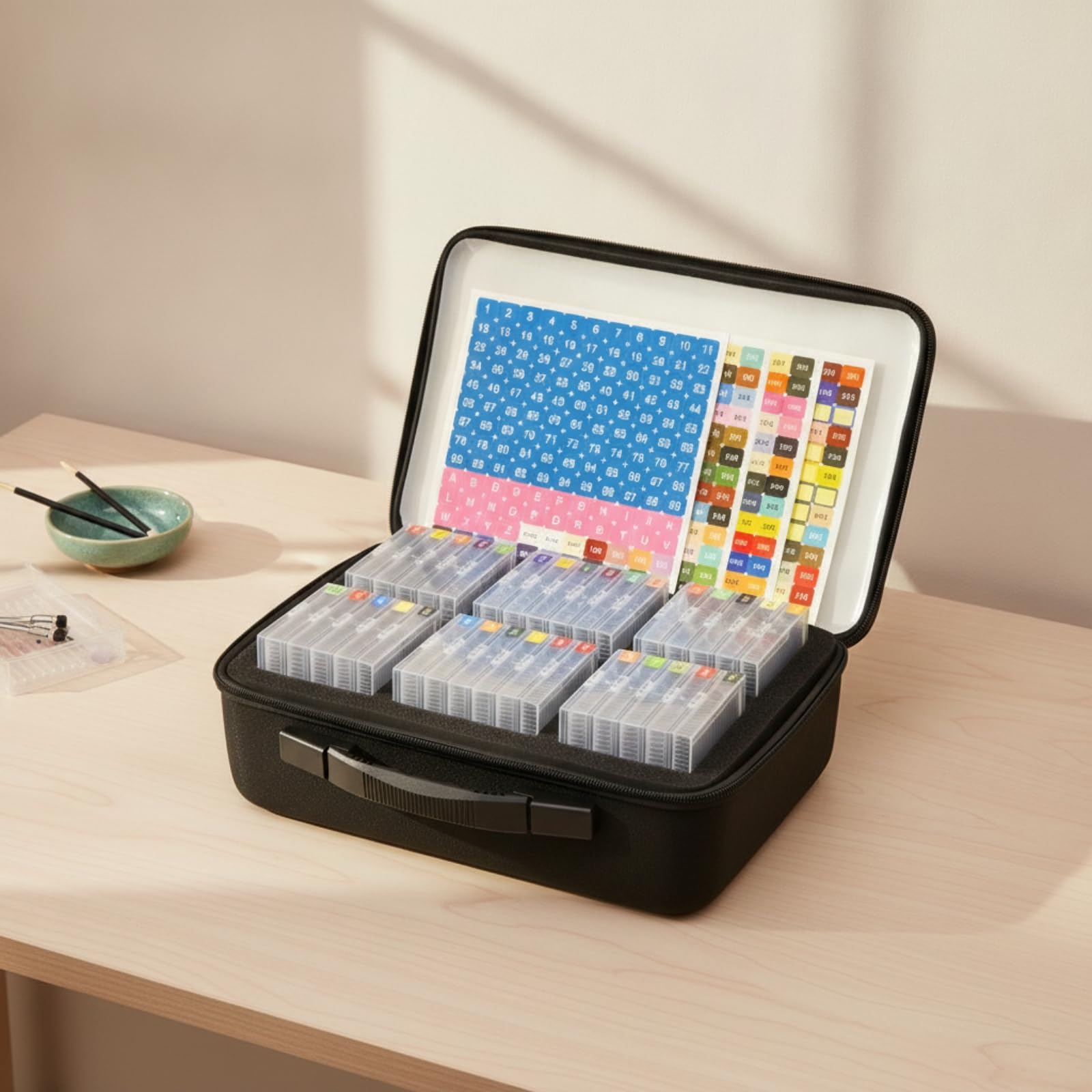Bastelperlen Organizer Perlenbox Aufbewahrungsbox Sortierkasten Aufbewahrungskoffer mit 64 Kleinen Fächern Und Farbetiketten in Robuster Eva Tasche für Perlen Schmuckdesign Hobbyraum Messe
