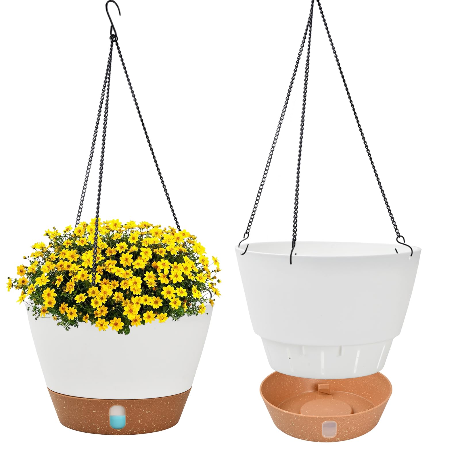 Dokeno 2 Maceteros Colgantes de Plástico con Cadena, Drenaje y Bandeja Removible, 25.2 cm, Macetas para Plantas de Interior y Exterior, Maceteros Decorativos para Jardines y Balcones