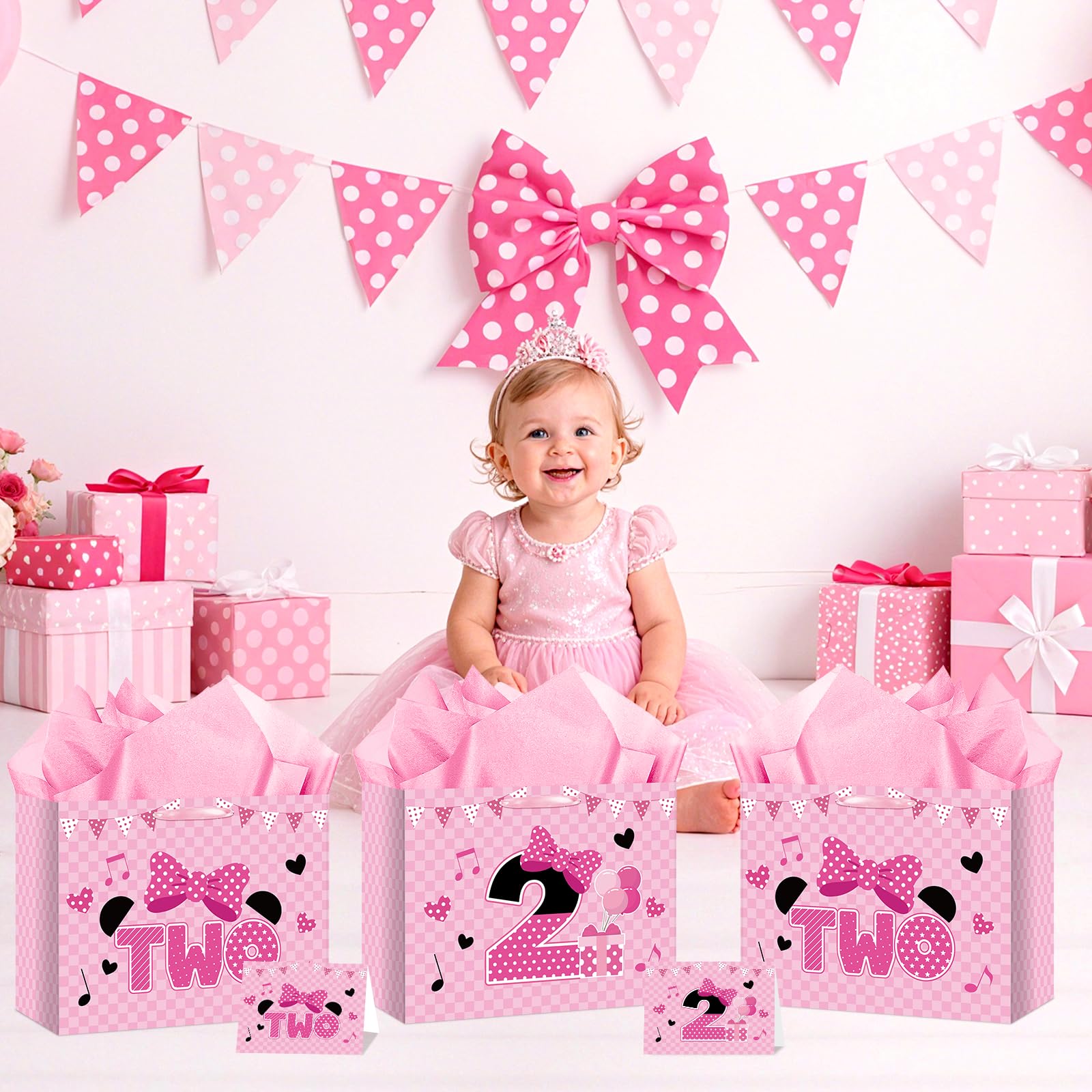 Cartoon Mouse 2nd Birthday Gift Bag Pink Mouse 2nd Birthday Bag with Tissue Paper and Card Pink Plaid Bow Two Years Old Gift Wrapping Paper Bags for Baby Girls Shower Princess 2 Year Old Party Decor