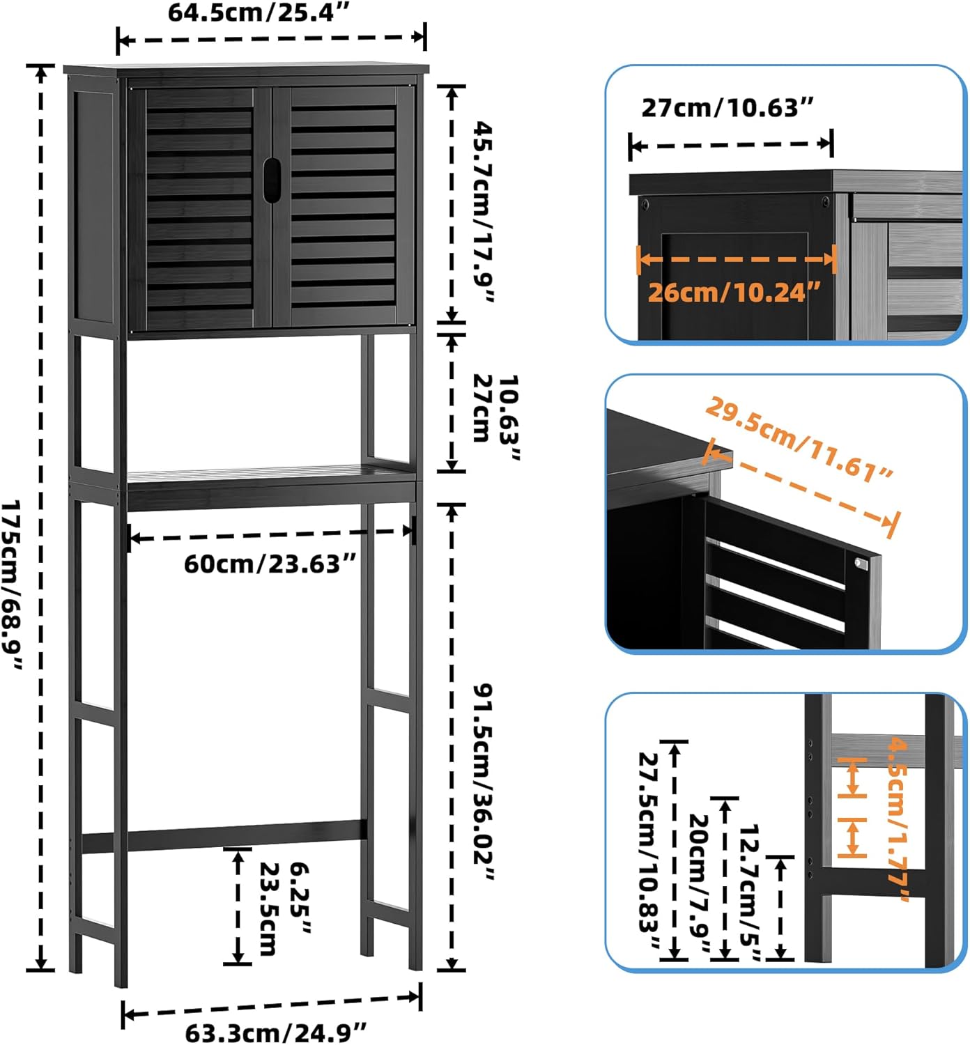 SMIBUY Bathroom Over The Toilet Storage Cabinet, 2 Door Bamboo Cabinet Organizer, Freestanding Space Saver Toilet Rack with Adjustable Inside Shelf and Open Shelf (Black)
