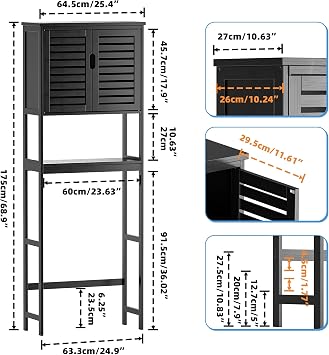 SMIBUY Bathroom Over The Toilet Storage Cabinet, 2 Door Bamboo Cabinet Organizer, Freestanding Space Saver Toilet Rack with Adjustable Inside Shelf and Open Shelf (Black)
