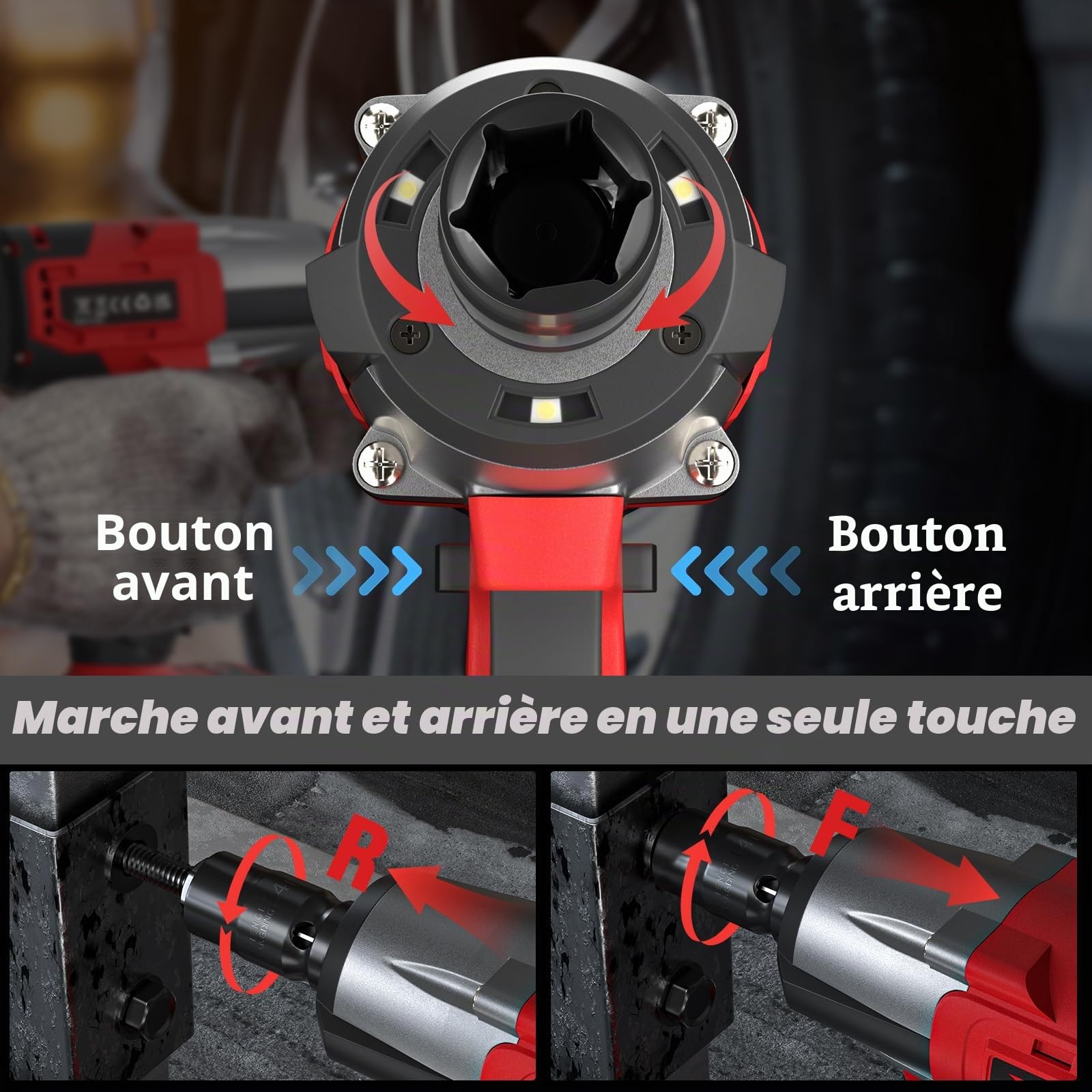 Clé à chocs sans fil, pistolet à chocs électrique sans balais 1/2 pouce, clé électrique 2500 tr/min, couple maximum de 550 N.m avec 4 prises, 12 embouts de tournevis, batterie 4.0