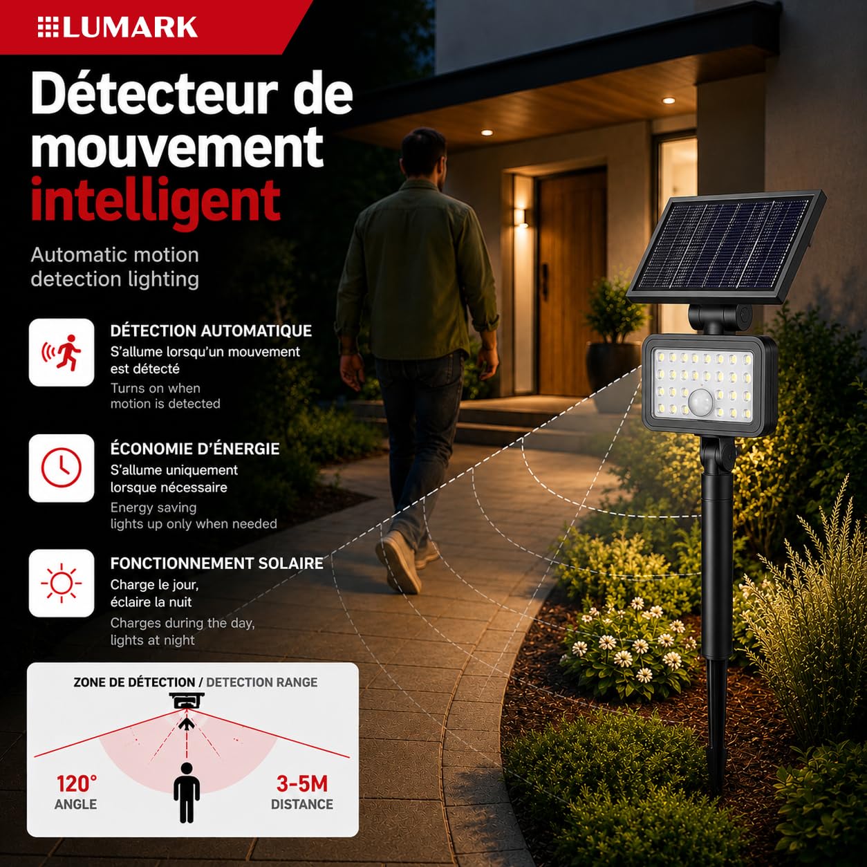 LUMARK Lot de 3 Lampes Solaires Extérieur 8W 1150 lm avec Piquet, Spot LED Jardin IP65, Détecteur Mouvement & Lumière, Télécommande, 3000K, Éclairage Allée Sans Fil