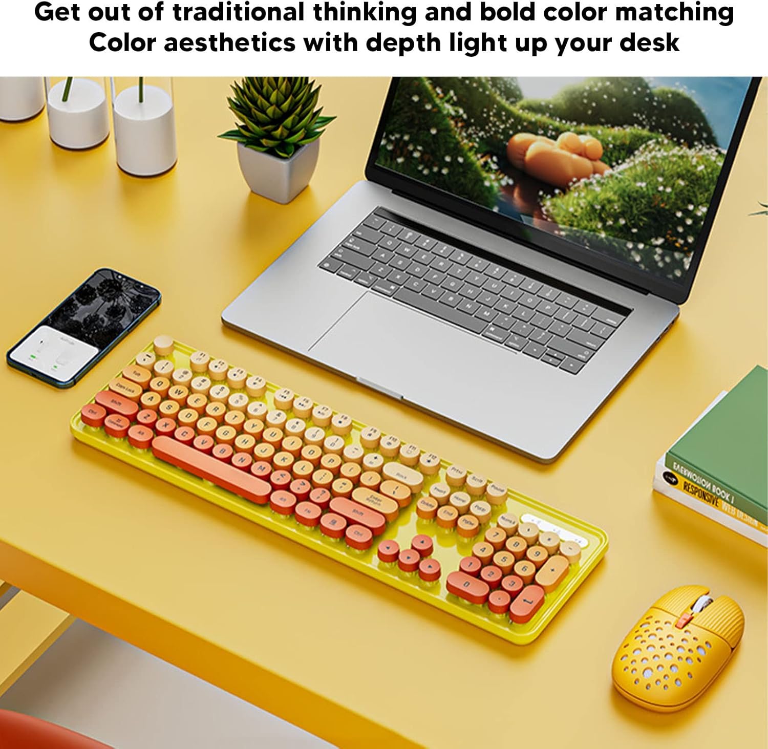 Yunseity Keyboard and Mouse Combo, Ergonomic Retro Full Size Round Retro Punk Keyboard with 3 DPI Adjustable Gaming Mouse for Laptop, Desktop, PC, Computer (Mixed Color Yellow)