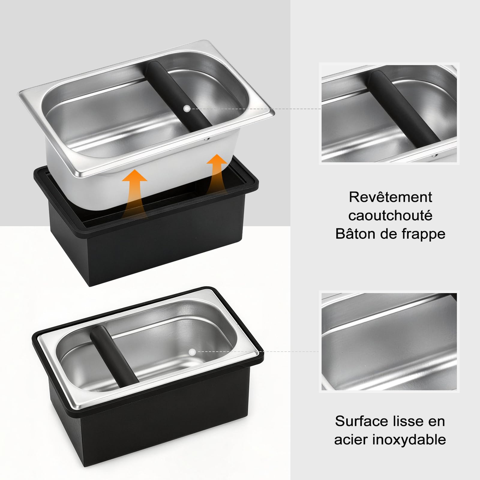 Boîte à marc de café espresso, récipient à marc en acier inoxydable, grande boîte à café avec caoutchouc amortisseur et joints en silicone, durable et facile à nettoyer
