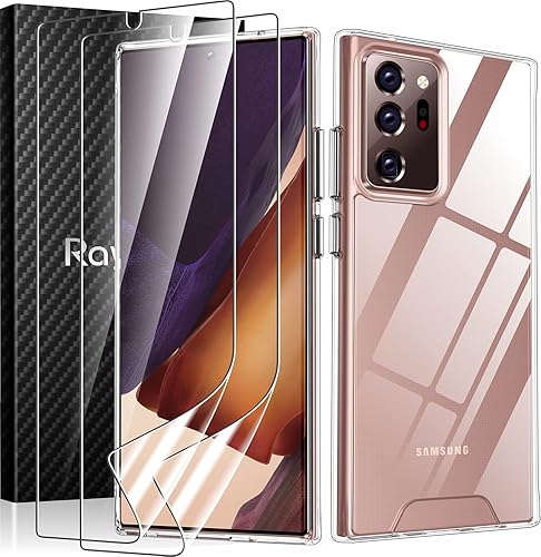 Rayboen Funda para Samsung Galaxy Note 20 Ultra con 2 protectores de pantalla suaves, transparente y antiarañazos, parte trasera de policarbonato