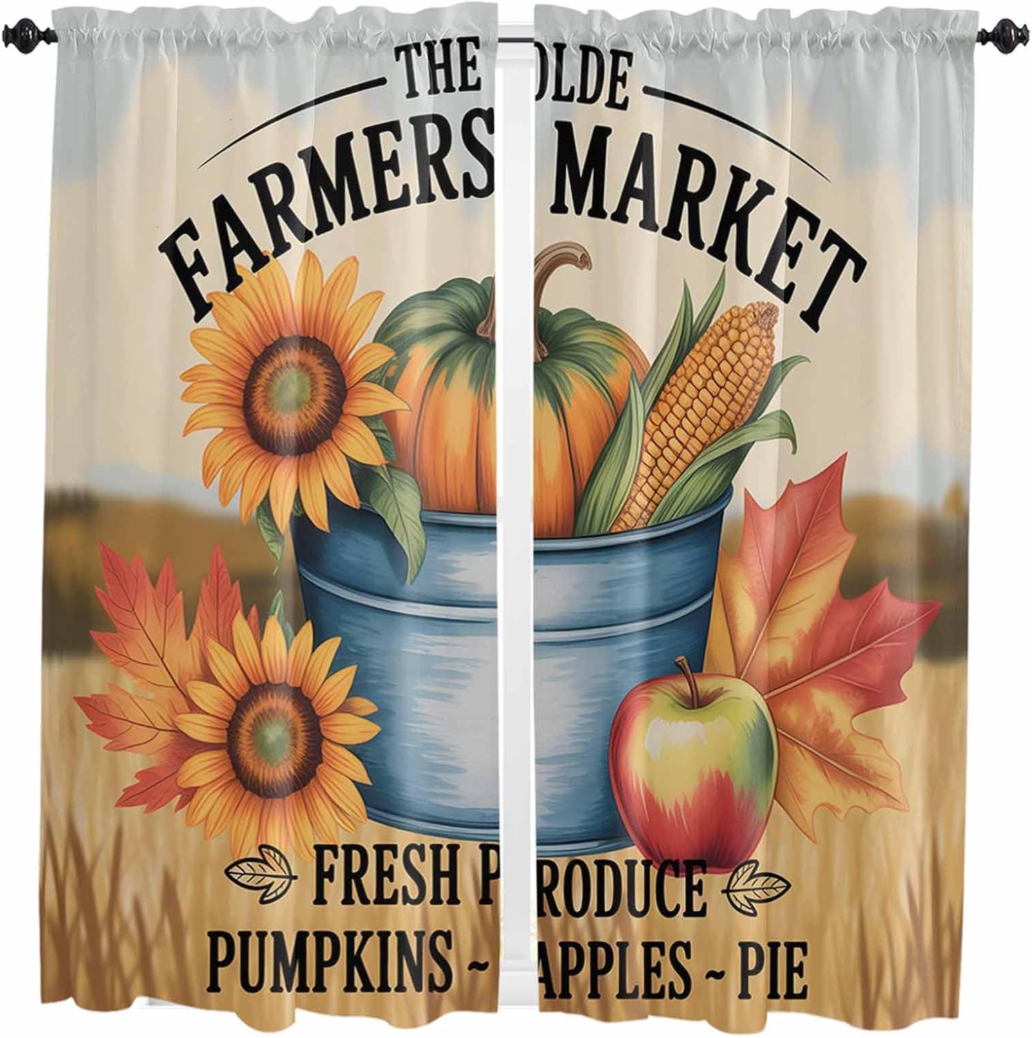 Orange Pumpkins Fall Kitchen Curtains, Thanksgiving Sunflower Maple Country Corns Light Filter Window Curtain, 2Pcs Rod Pocket Window Treatments Set for Living Room Bathroom Bedroom 42x63 Inches