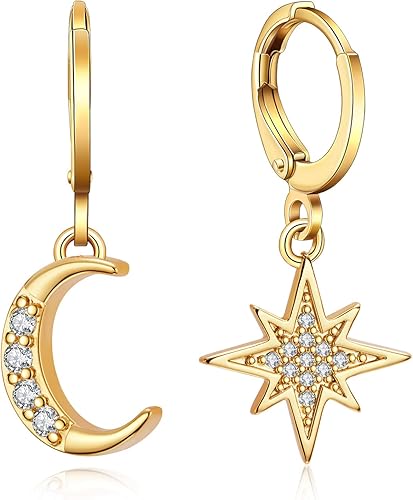 Ldurian Aretes punk con punta cruzada para mujer, aretes colgantes de mano con bloqueo punk, Hamsa, chapados en oro de 14 quilates, con circonita