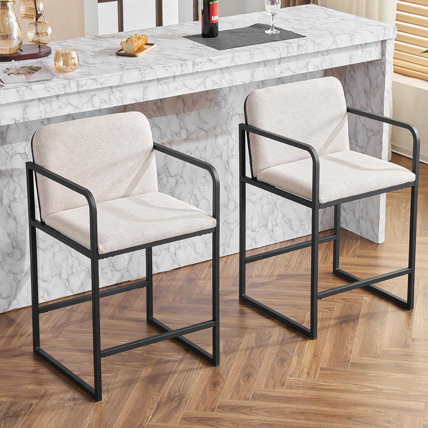 Set of 2 Modern Upholstered Counter Height Stool with Armrests Beige Fabric Metal Comfortable Seating Kitchen Island Dining Room Cozy Living