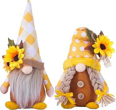 Sunflower Gnomes Plush 2 Pack Spring Summer and Autumn Home Decorations, Ideal for World Bee Day, Kitchen, or Tiered Tray Summer Display - Perfect Handmade Gnome Gifts for Fall Decor
