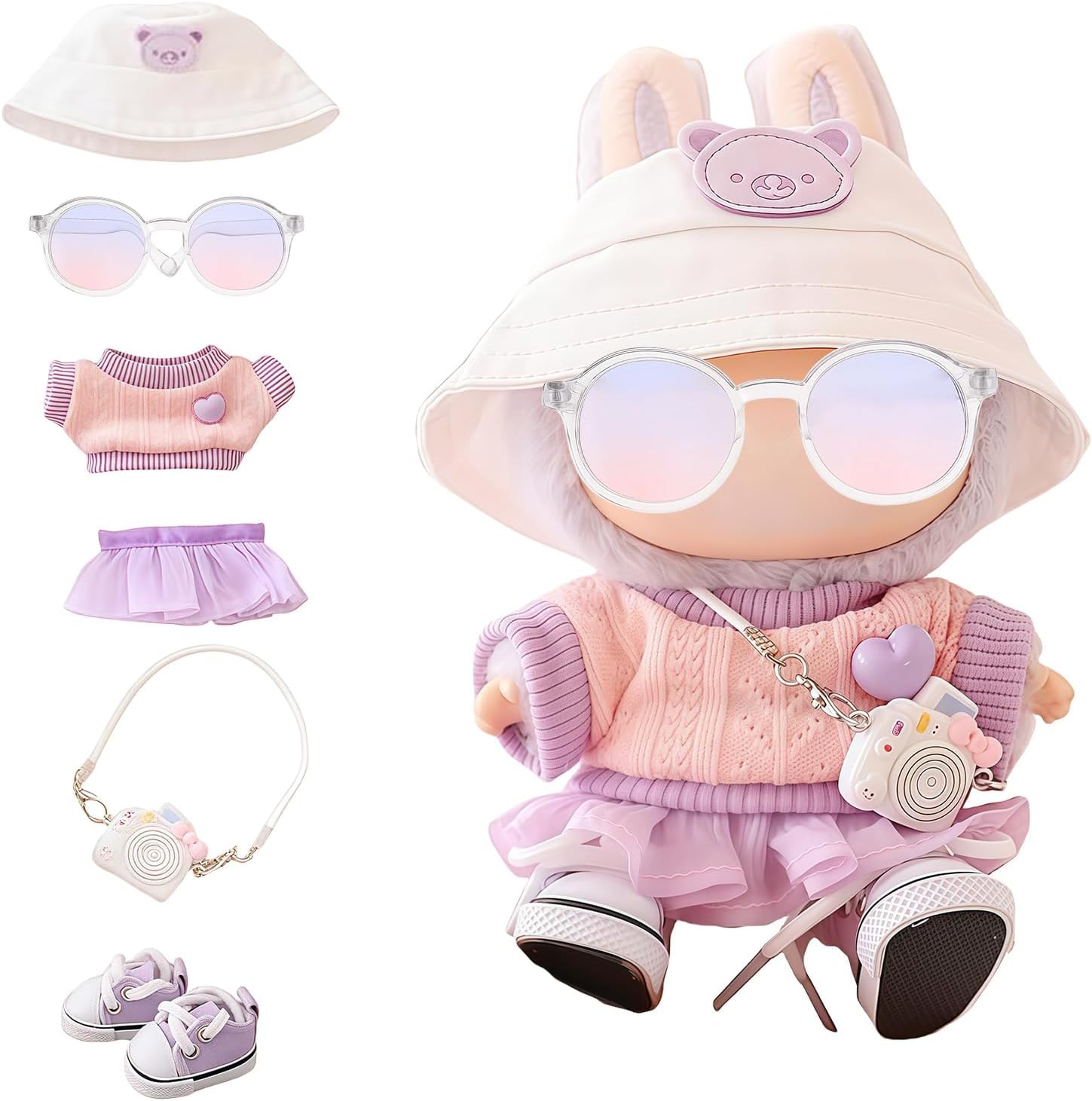 Spring Outing Clothes for Labubu 1/2/3 Generation Doll, Purple Soft Knitted Top Lavender Mesh Skirt Miniature Camera Purple Sneakers Trendy Fashion Pastel, for Doll Play and Display (No Doll Included)