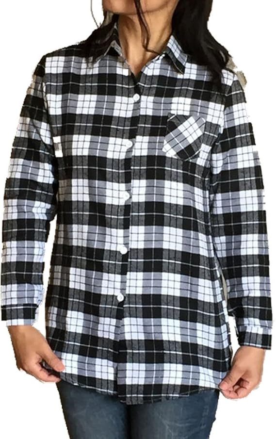 Amazon レディース 白黒チェック柄 ボタンダウン 長袖シャツ シャツ ブラウス 通販