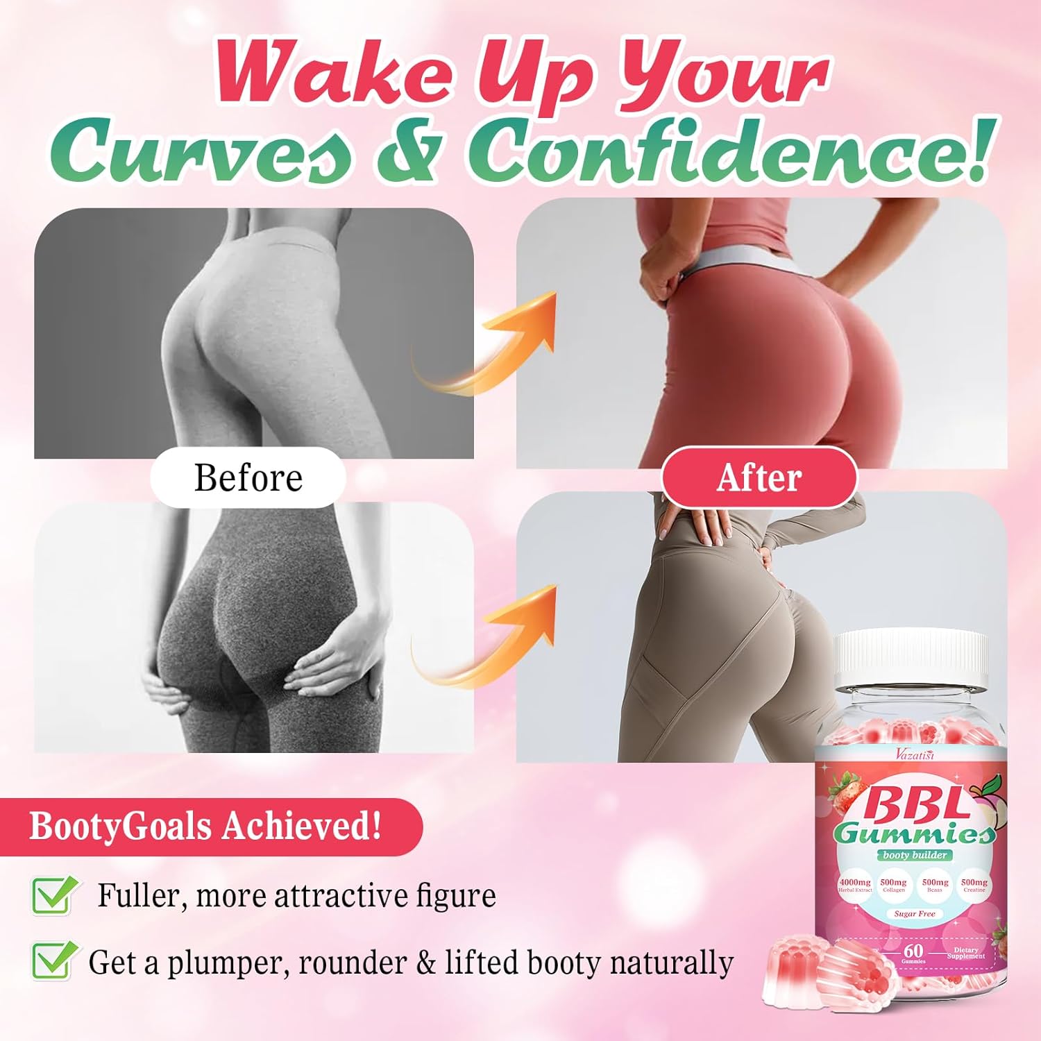 BBL Booty Gummies for Women – Sculpt, Lift & Firm Glutes – Creatine Monohydrate, Vitamins & Herbal BBL Blend - Boost Curves, Energy & Workout Recovery – Vegan, Non-GMO, 60 Cts - Image 3