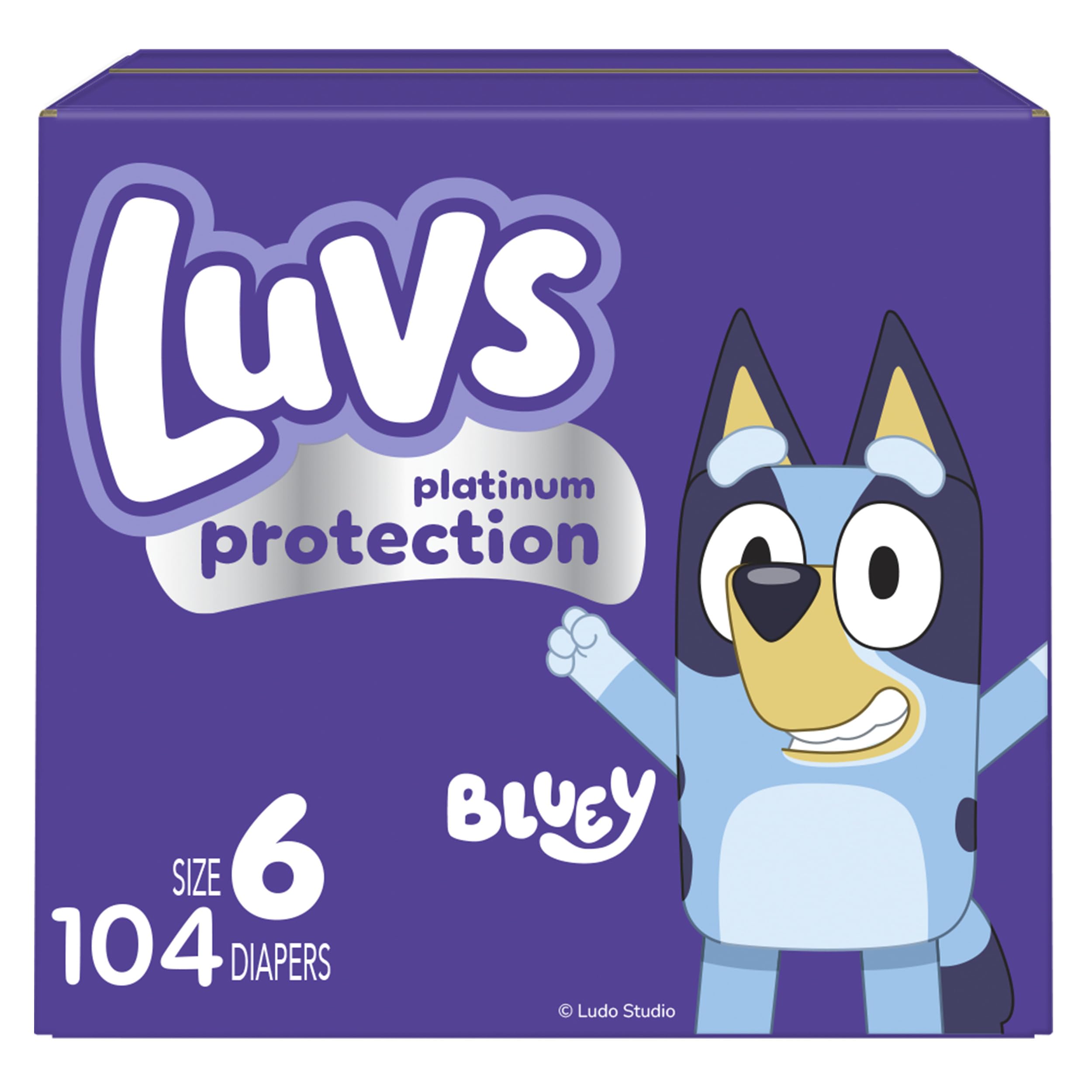Luvs Size 6 Baby Diapers, Platinum Protection Bluey Diapers for Day &amp; Night, Size 6, 104 Count (Packaging May Vary)