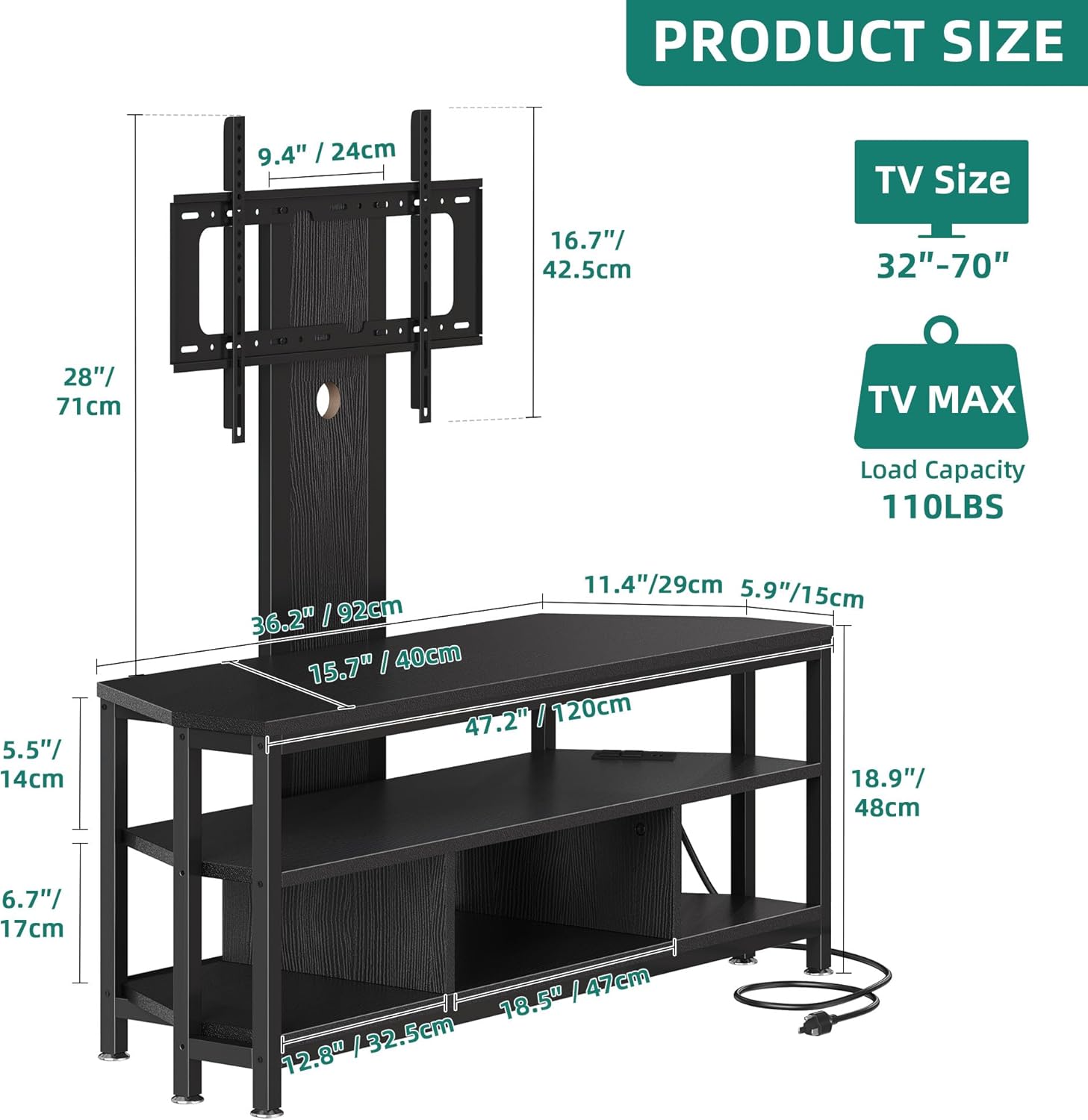 YITAHOME Black TV Stand with Mount, Modern TV Stand for 70/65 inch TV LED Entertainment Center with Adjustable Mount & Power Outlet, TV Console Cabinet, Black - Image 2
