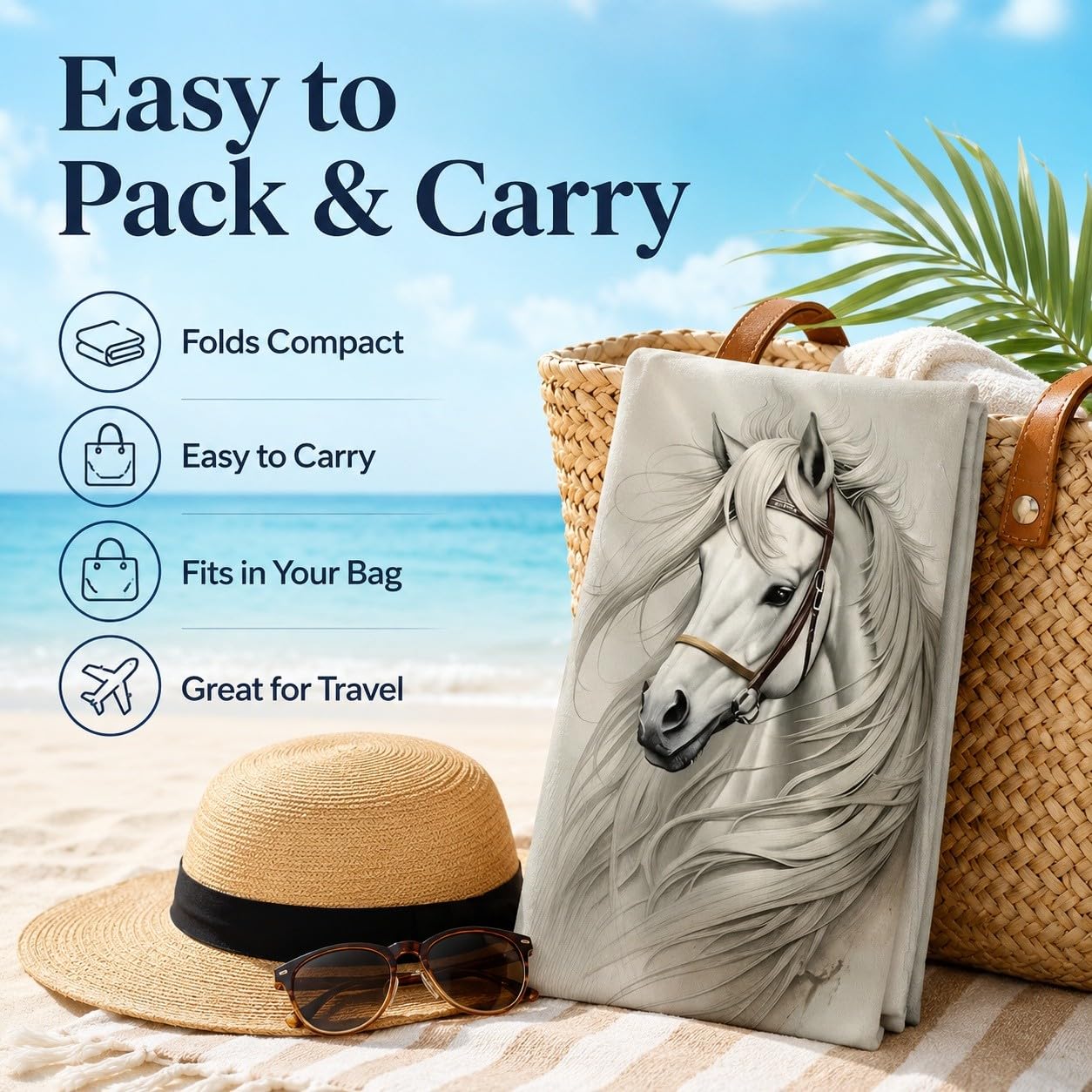 Serviette de Plage Cheval Blanc Microfibre Rapide 200x200 cm