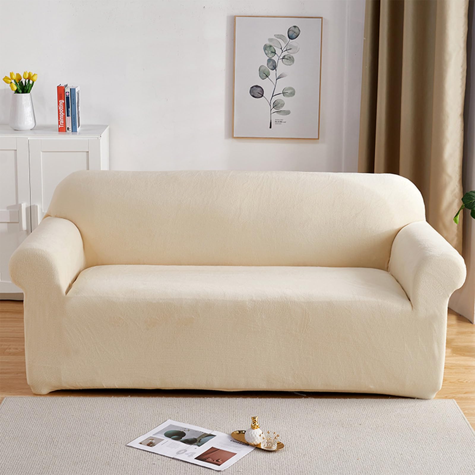 PETCUTE Elastic sofa covers 3 Seater sofa slipcovers velvet thick sofa covers Beige