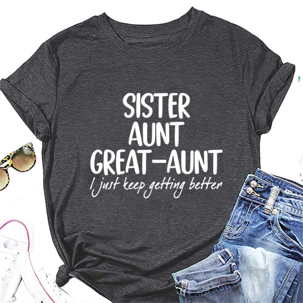 Mlzhan Women's Black Grey Sister Aunt Great Aunt Shirts Summer Tees Short Sleeve Casual Trendy Tops Aunt Great Aunt Gift Shirts (Xxl,)