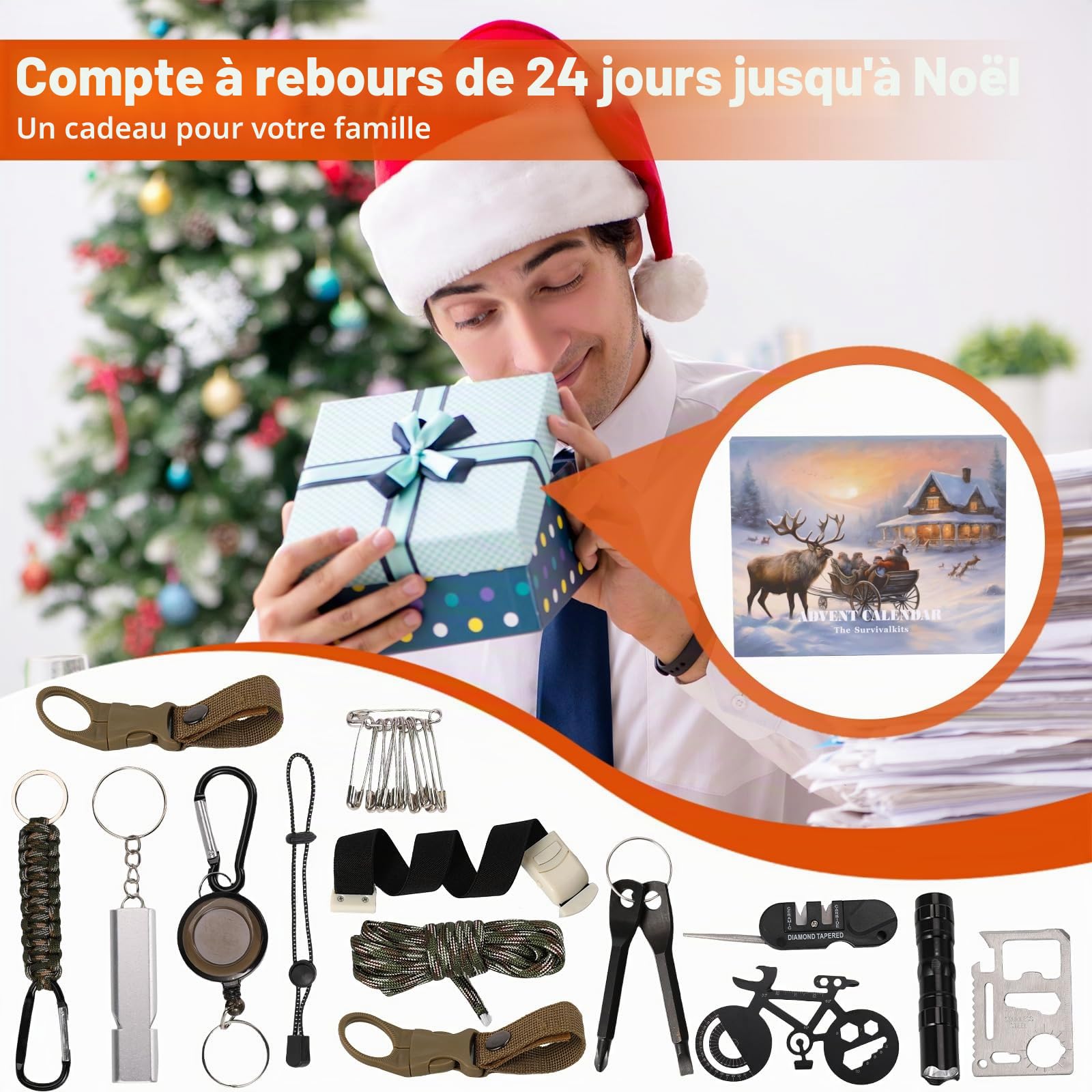 Calendrier de l'Avent Noël 2024 pour homme, adolescent, garçon, kit d’outils de survie (A)