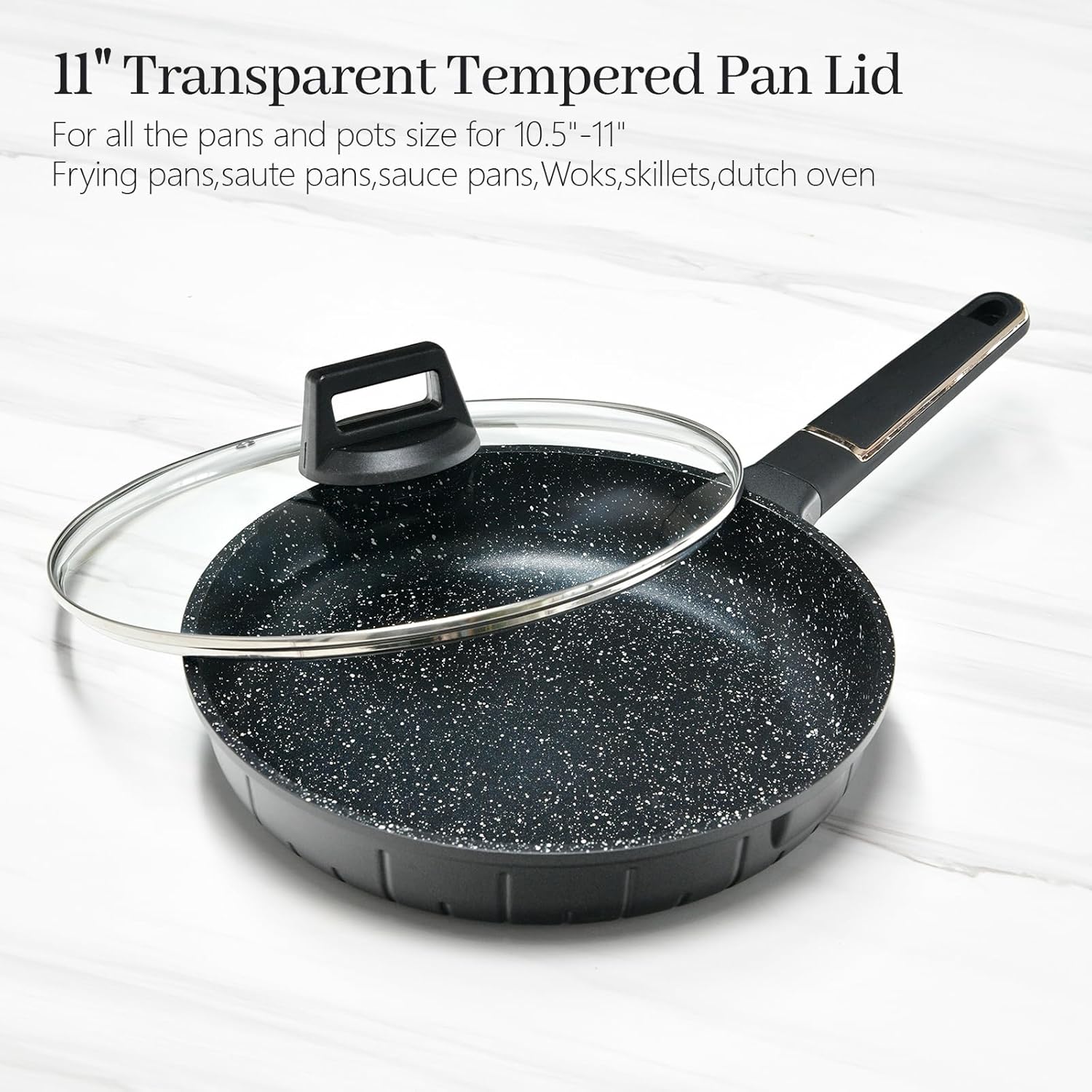 11 In Glass Lid for Frying Pan, Tempered Replacement Cover Compatible with All 11 Inches Cookware for Skillets, Round Cast Iron, Cast Aluminium, Stainless Steel Pans &Pots 11 in Black / Handle