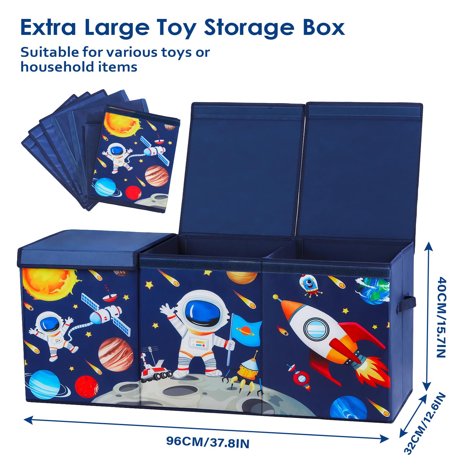 Scatola di Giocattoli Extra Large con Coperchio Ribalta per Bambini, Contenitore Porta Giochi Pieghevole Oxford, Baule Portagiochi Impermeabile Robusto per Ragazze Ragazzi, 96×32×40cm (Astronauta)