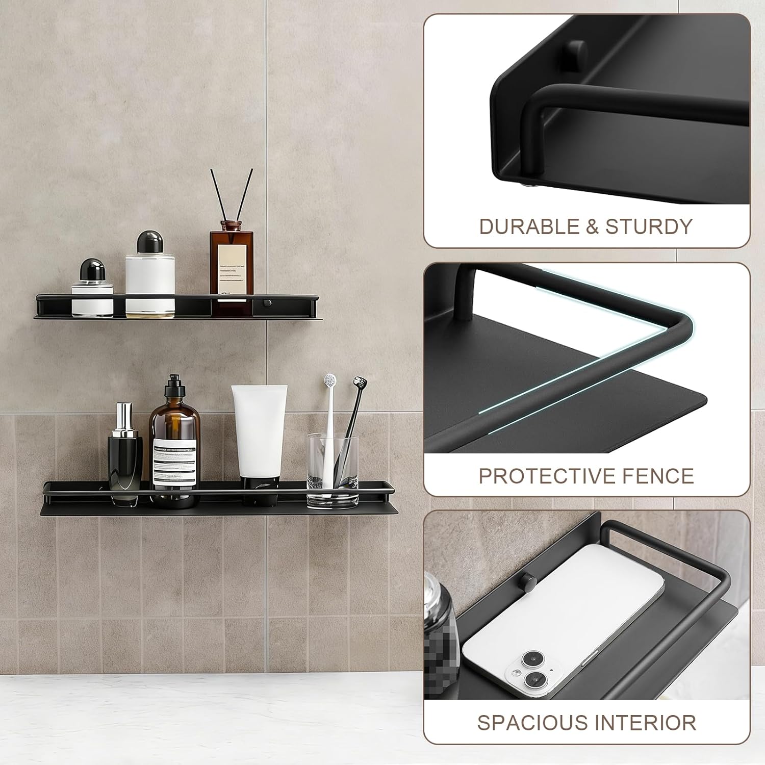 Floating Shelves for Wall with Guardrail, Metal Wall Mounted Storage Shelves, Modern Space-Saving Bathroom Over Toilet Shelves Decor for Living Room, Bedroom, Kitchen & Office