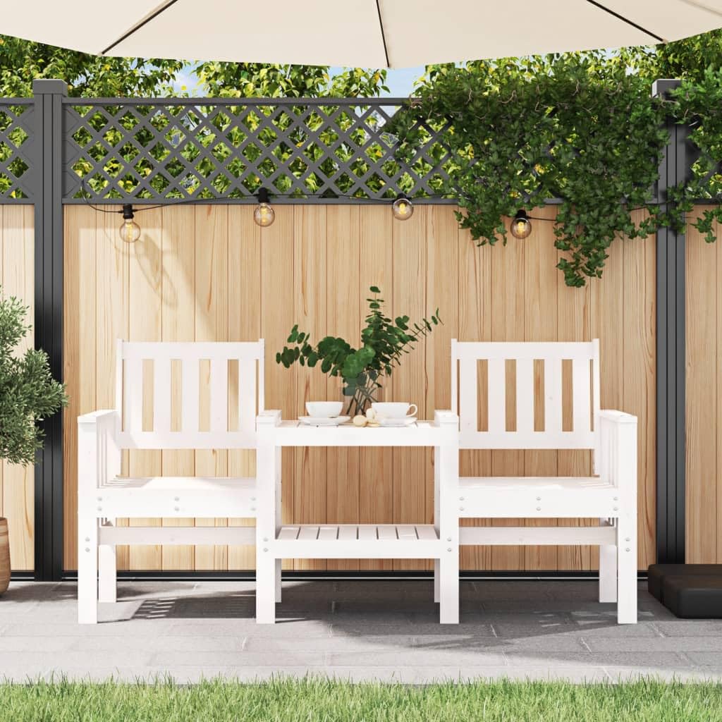 Gartenbank mit Tisch 2-Sitzer Weiß Massivholz Kiefer,Romantische Gartenbank aus massivem Kiefernholz mit integriertem Tisch Terrassen Sitzmöbel