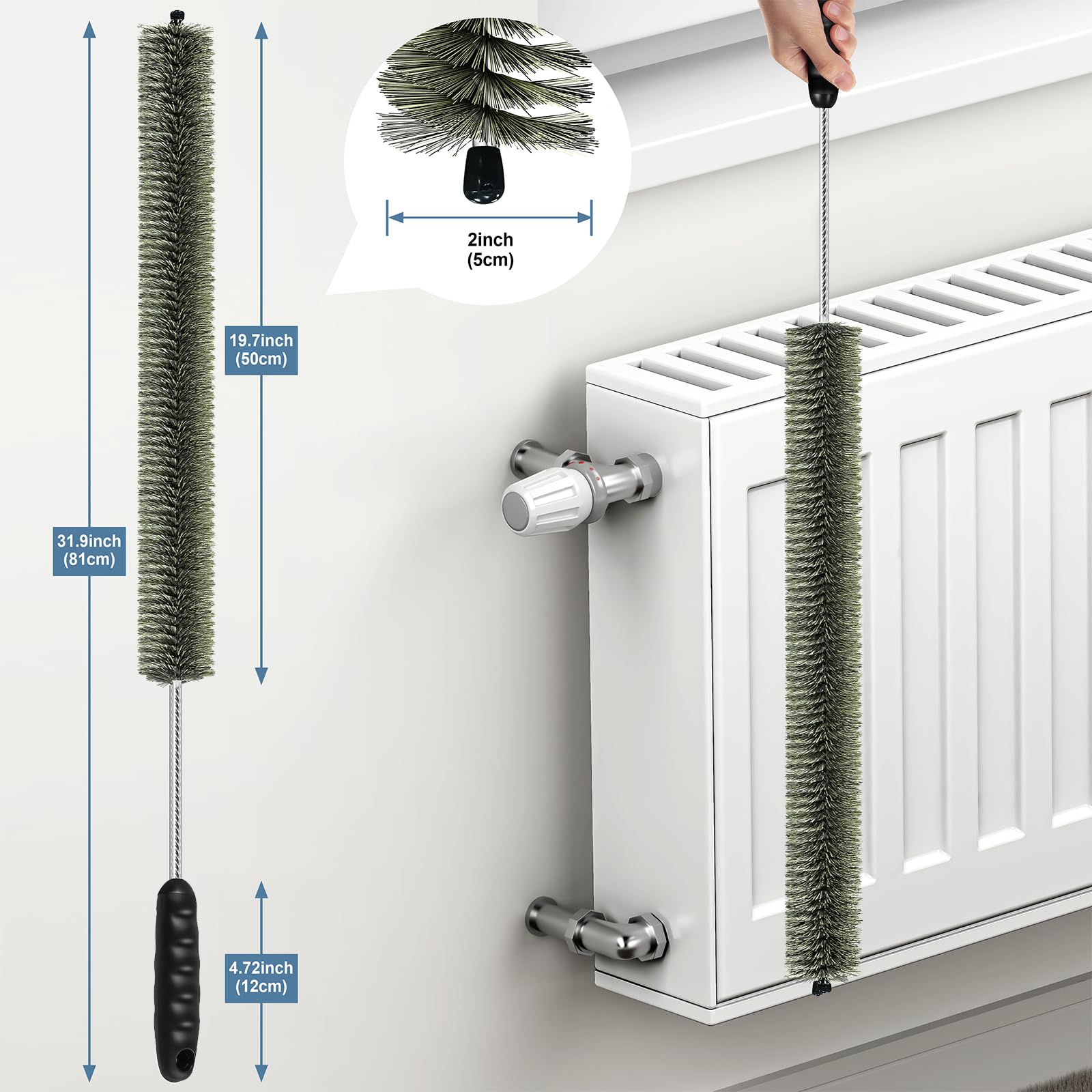 Brosse de nettoyage pour radiateur, poils de sanglier fins et longs de 81 cm avec poignée en silicone, flexible et pliable pour nettoyer le plumeau à l'intérieur des ailettes et à l'arrière