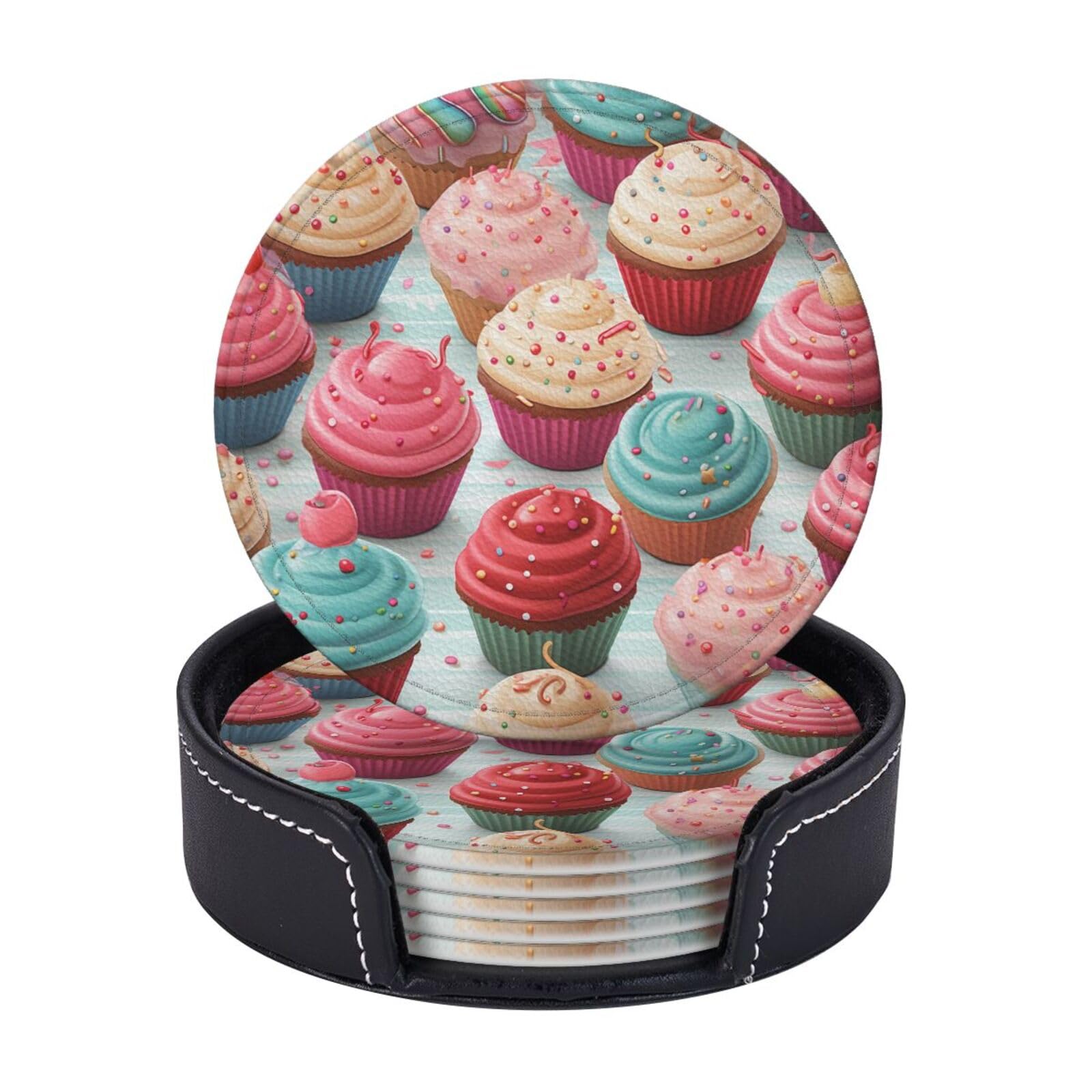 6PCS Drink Coasters with Holder, 4" Leather Coasters for Drinks, Colorful Sweet Lollipop Cupcake Donut Cup Coasters for Coffee Table Decor, Non-Slip Drinking Cup Mat for Hot or Cold Drink