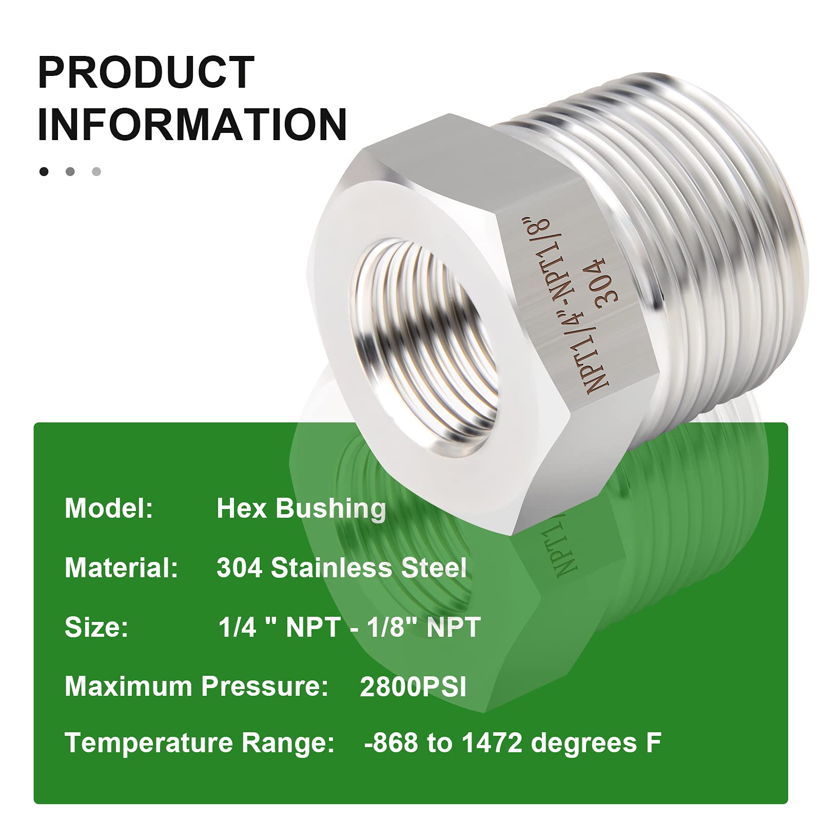 ChillWaves 304 Stainless Steel Pipe Fitting, Reducer Hex Bushing 1/4" NPT Male X 1/8" NPT Female Thread Adapter(6-PACK
